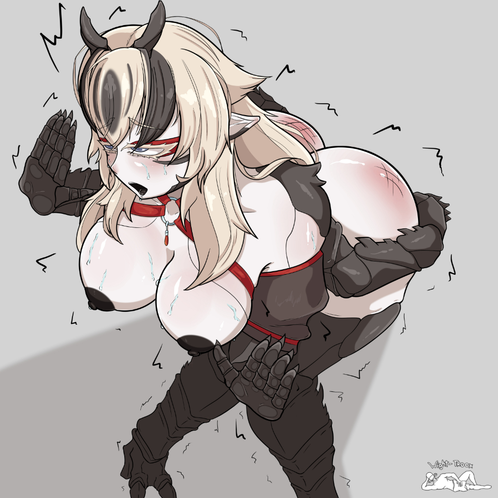 1girls alyx_(arialyxiah)_(vtuber) areolae beetle_girl belly_button black_hair blonde_hair blue_eyes breasts bug_girl female female_only goliath_beetle_girl goth goth_girl huge_breasts indie_virtual_youtuber insect_girl monster_girl nipples open_mouth slap_marks solo sweat two_tone_hair virtual_youtuber white-skinned_female white_skin wight-troox