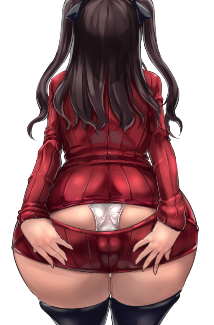 ass ass_cutout black_hair cameltoe fate/stay_night fate_(series) female from_behind hands_on_ass leaning_forward majime_kei_kuzumochi open-chest_sweater panties pussy_juice simple_background solo thighhighs tohsaka_rin underwear white_background white_panties