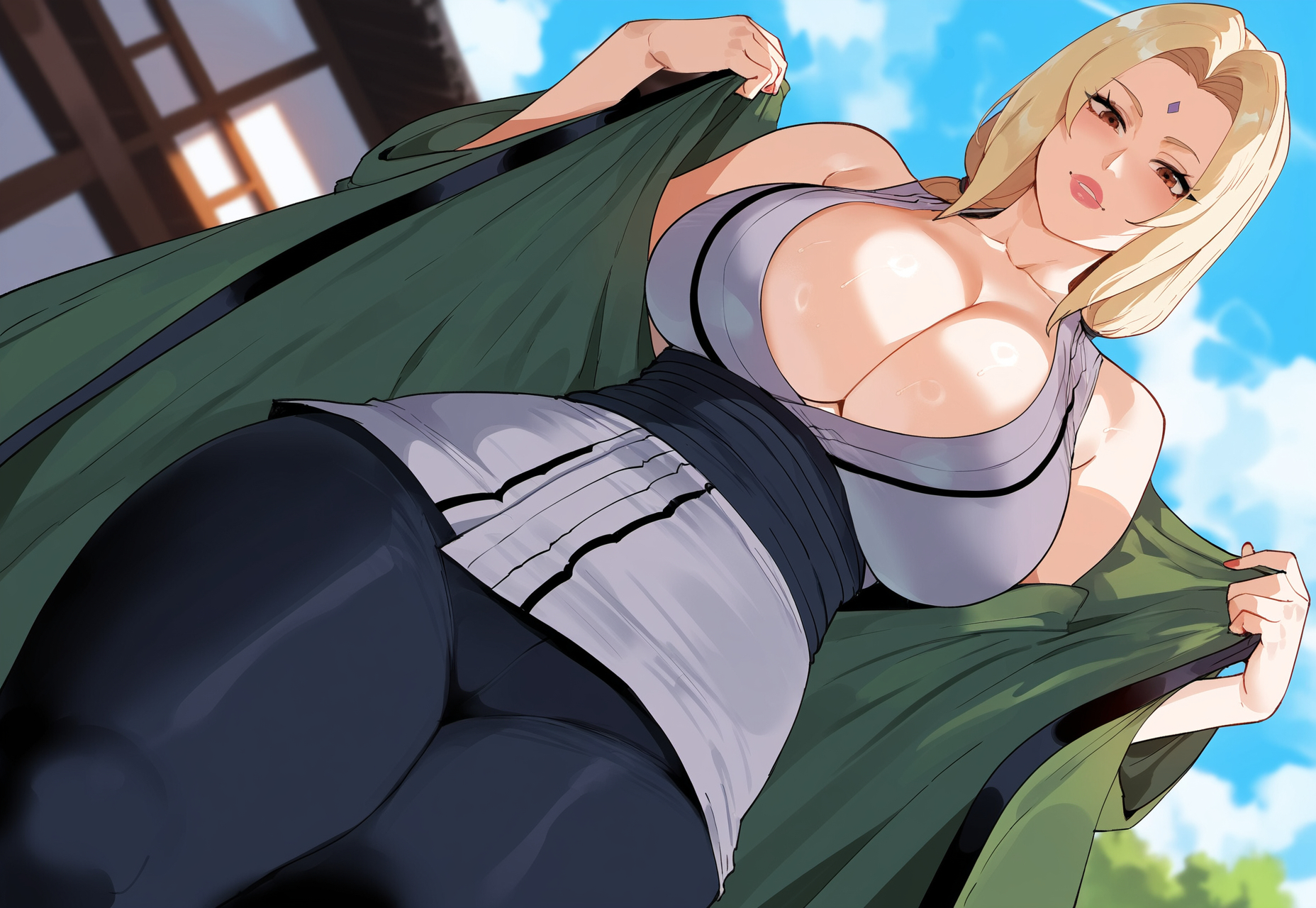 1girls, ai generated, bindi, blonde female, blonde hair, breasts, cleavage, creamy ai, curvy, curvy female, female, from below, large breasts, mature, mature female, milf, mommy, naruto, naruto (series), naruto shippuden, non-nude, sfw, solo, tagme, tsunade