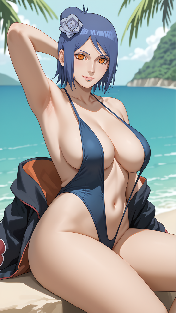 1girls abs ai_generated akatsuki_(naruto) alternate_costume arm_up armpits arms_behind_head beach bikini blue_hair blush cleavage closed_mouth clothes_removed coat coat_removed curvaceous curvy curvy_body curvy_female curvy_figure female_only flower flower_in_hair hair_ornament kamiuki konan mature mature_female naruto naruto_(series) naruto_shippuden nature one-piece_swimsuit one_arm_up orange_bikini orange_eyes outdoors partially_submerged pinup pose posing posing_for_the_viewer revealing_swimsuit seaside seductive seductive_eyes seductive_look seductive_pose sitting sunset swimsuit toned toned_female upper_body voluptuous water wet wet_body wet_skin