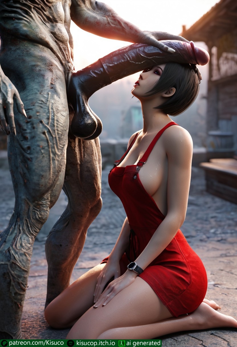 1boy 1girls absurdly_large_cock ada_wong ai_generated dark-skinned_male female imminent_oral kisuco kneeling looking_at_partner male pubic_hair red_dress resident_evil resident_evil_4_remake straight sweatdrop