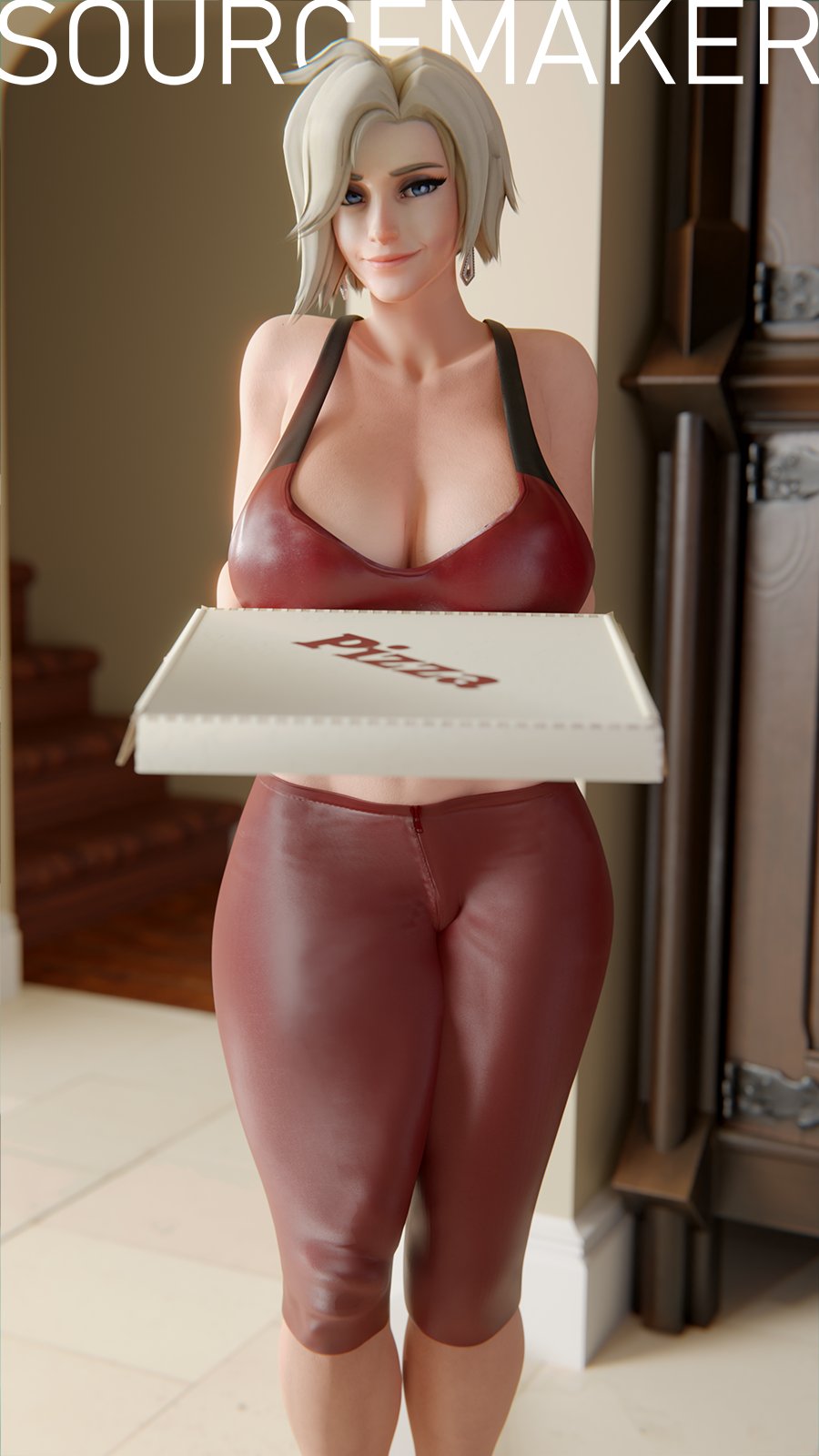 3d big_breasts blonde_hair breasts bulge futanari mercy overwatch penis_outline pizza_delivery sourcemaker