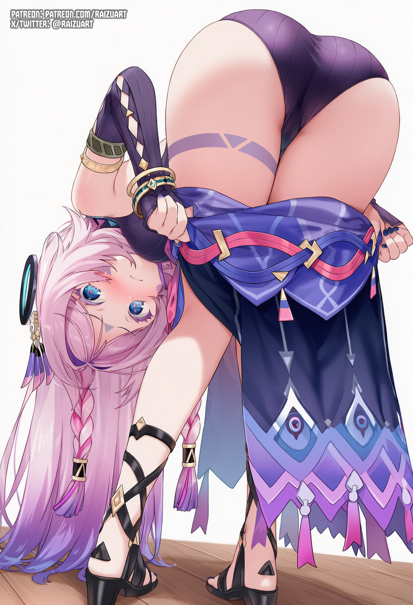 1girl, ai generated, ass, ass focus, bare shoulders, bent over, blue eyes, blush, breasts, citlali (genshin impact), embarrassed, from behind, genshin impact, gradient hair, hair rings, leotard, long hair, looking at viewer, medium breasts, multicolored hair, pink hair, purple hair, raizu, sarong, solo, twin braids, very long hair