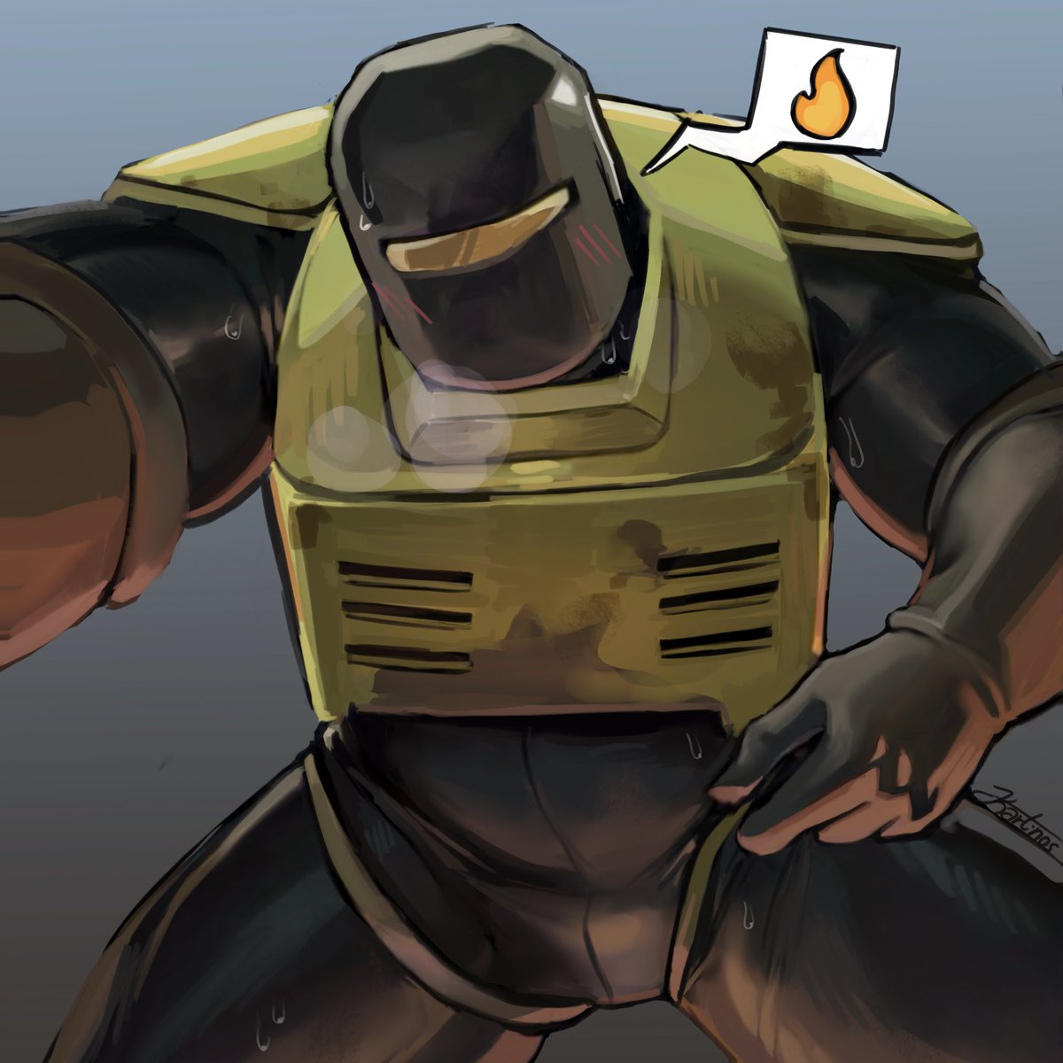 1boy 2024 ambiguous_bulge armor bara beefy black_clothing blush blush_lines breath breath_cloud bulge_through_clothing clothed emoji fire fully_clothed gloved_hands gloves hands_on_hips heat helmet in_heat kart2nos latex looking_at_viewer looking_down male male_only mask masked_male miner_(risk_or_rain) no_visible_face no_visible_genitalia pants pov risk_of_rain rubber_suit safe simple_background stocky suggestive sweat sweatdrop welding_mask yellow_armor