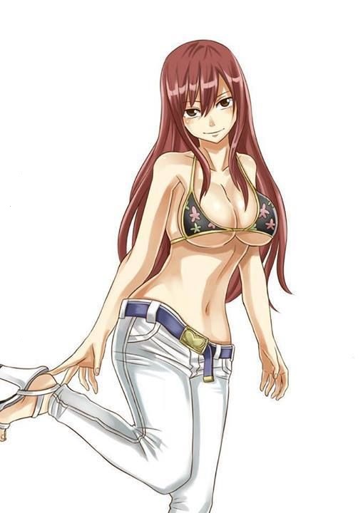 1girls, belt, big breasts, bra, breasts, cleavage, erza scarlet, fairy tail, female, female only, high heels, human, long hair, looking at viewer, red hair, red-haired female, smile, solo, white pants