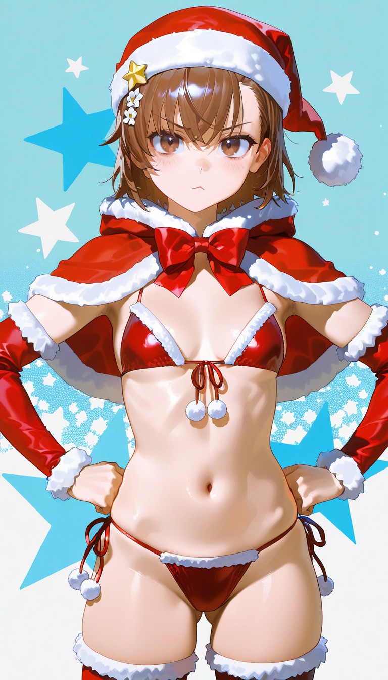 1girl :< ai_generated alternate_costume annoyed arm_warmers ass_visible_through_thighs bikini blush bow capelet christmas closed_mouth cowboy_shot detached_sleeves front-tie_bikini_top front-tie_top fur-trimmed_bikini fur-trimmed_capelet fur-trimmed_legwear fur_trim hair_ornament hand_on_own_hip hands_on_own_hips hat hood looking_at_viewer misaka_mikoto navel pom_pom_(clothes) red_bikini red_bow red_capelet red_thighhighs ribbon santa_bikini santa_costume shiny_skin side-tie_bikini_bottom small_breasts solo standing star_(symbol) star_symbol_background stomach string_bikini swimsuit thighhighs to_aru_kagaku_no_railgun to_aru_majutsu_no_index