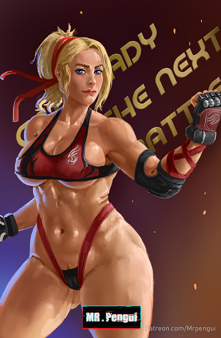 bare_shoulders blonde_hair blue_eyes border breasts closed_mouth commentary dougi female fingerless_gloves gloves hairband headband highres karate karate_gi large_breasts lidia_sobieska looking_at_viewer martial_arts_belt mrpengui navel ponytail red_background red_hairband red_headband red_tank_top scar scar_across_eye scar_on_face studded_gloves tank_top tekken tekken_8 toned toned_female white_border zoom_layer