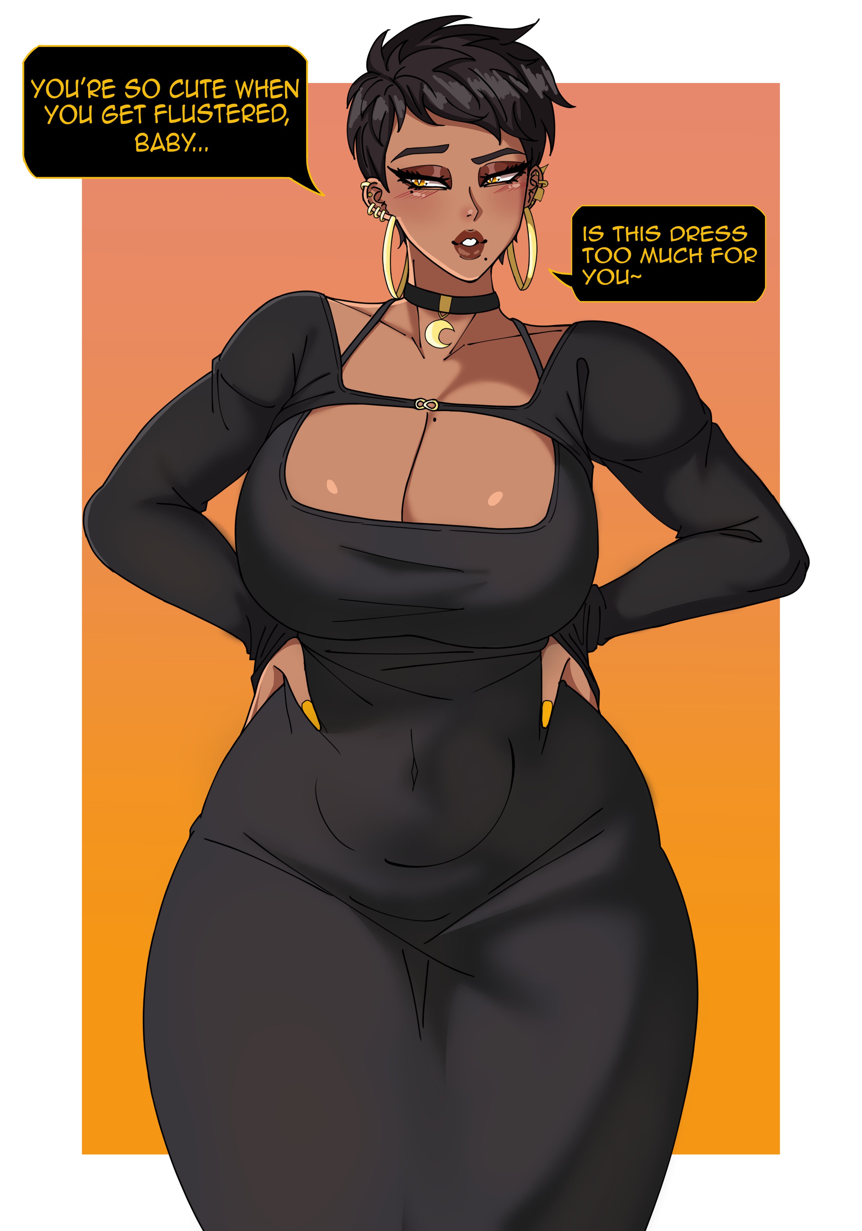 big breasts, black hair, breasts, cleavage, demon dog, dongtan dress, dress, female, huge breasts, short hair, tomoe tsukishima (demon dog)