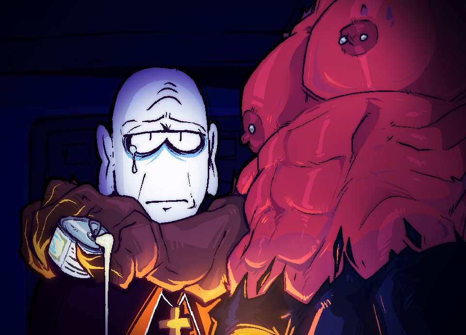 2boys bald crying demon duo father_gregor_(spooky_month) lube male male_only moloch_(spooky_month) nipple_piercing nipples pouring priest spooky_month tagme tagme_(artist)