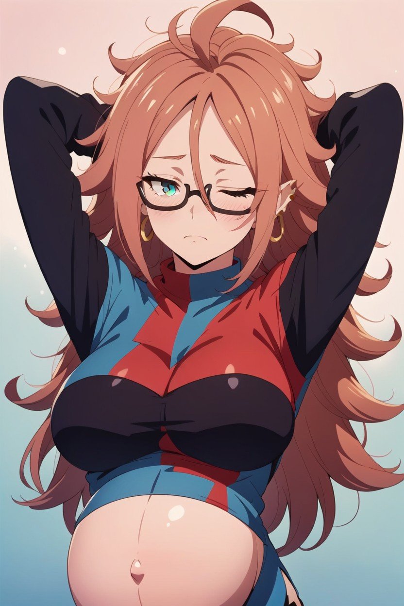 ai_generated android_21 android_21_(human) armpits belly big_belly big_breasts breasts brown_hair dragon_ball dragon_ball_fighterz dragon_ball_super dragon_ball_z eyes_half_open female female_focus milf mommy nipples pregnant pregnant_belly pregnant_female saiyanlove scientist slut vomi_(dragon_ball)