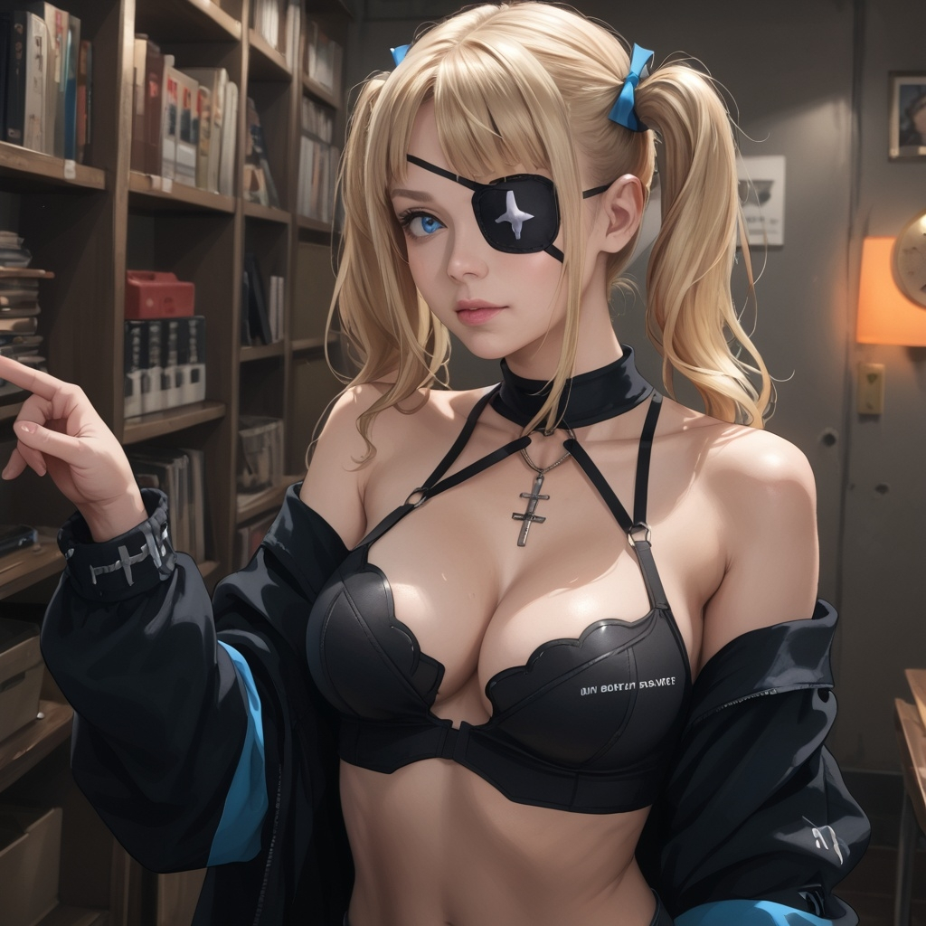 1girls ai_generated big_breasts blonde_hair blunt_bangs books eyepatch handjob lioram00n original_character twintails zara