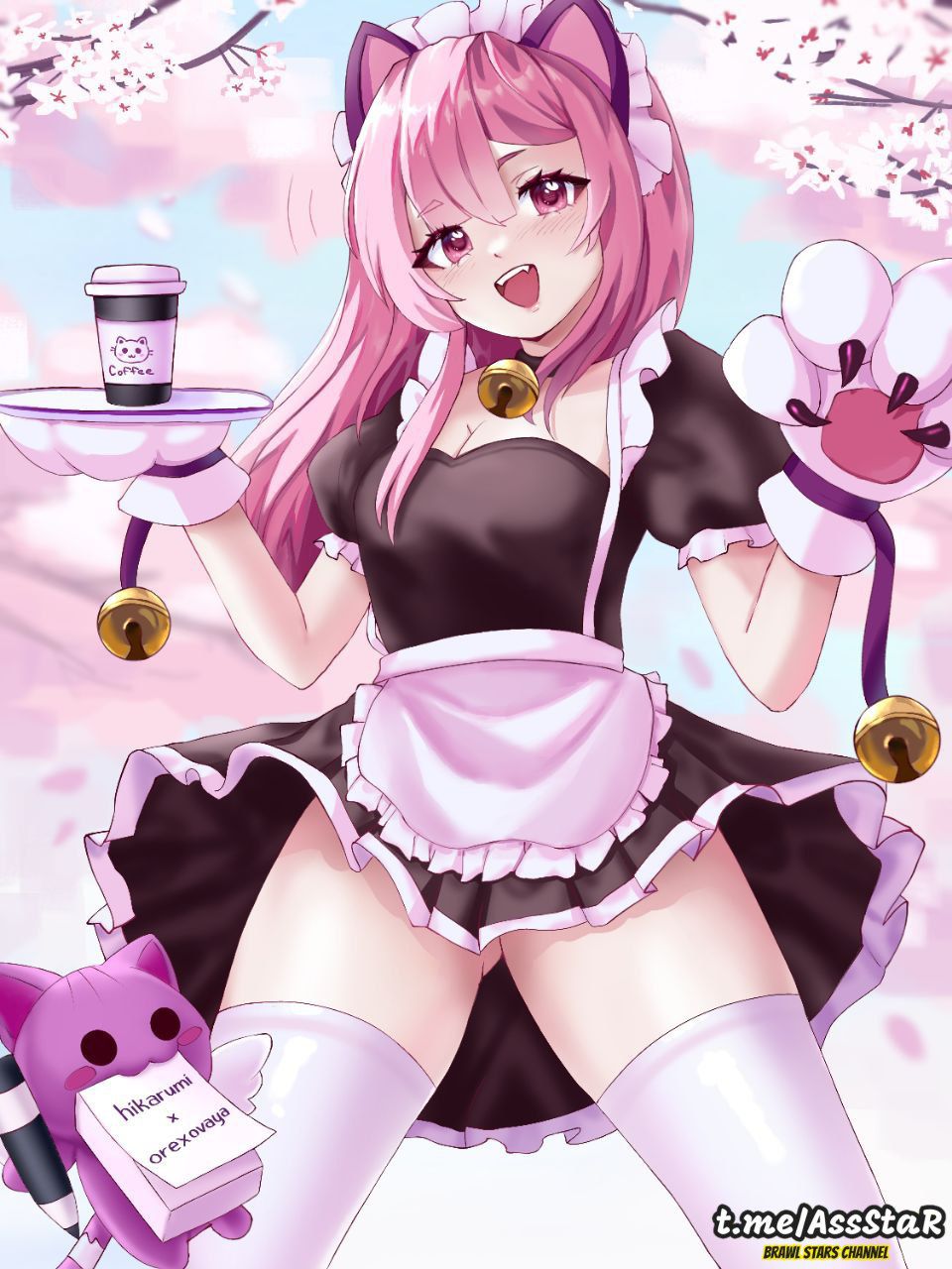 1girls big_thighs brawl_stars breasts colette_(brawl_stars) collar dress front_view handwear hikarumii hips kemonomimi light_skin long_hair maid maid_uniform open_mouth orexovayapasta_(artist) paws pink_eyes pink_hair smile tongue