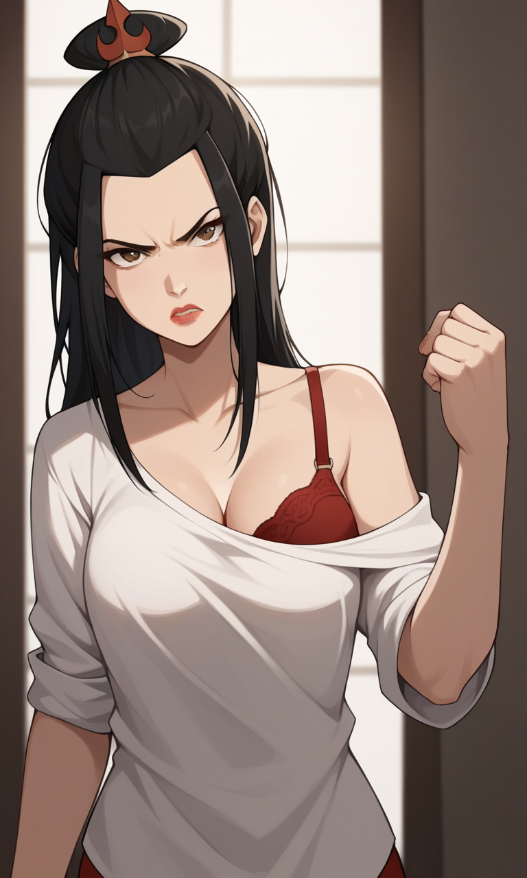 ai_generated ass avatar_legends avatar_the_last_airbender azula bigmic145 bra breasts cleavage clothed clothed_female long_hair loose_clothes nickelodeon off_shoulder oversized_clothes princess rolled_up_sleeves solo solo_female