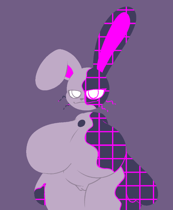 alphasoup anthro big_breasts breasts bunglitch_(alphasoup) digital_creature fan_character featureless_breasts female five_nights_at_freddy's flexible genitals grin grinning_at_viewer huge_breasts humanoid lagomorph leporid lineless mammal no_shading one_leg_up purple_background purple_body purple_eyes pussy rabbit raised_leg restricted_palette scottgames simple_background smile solo splits spread_legs spreading standing tagme thick_thighs whiskers