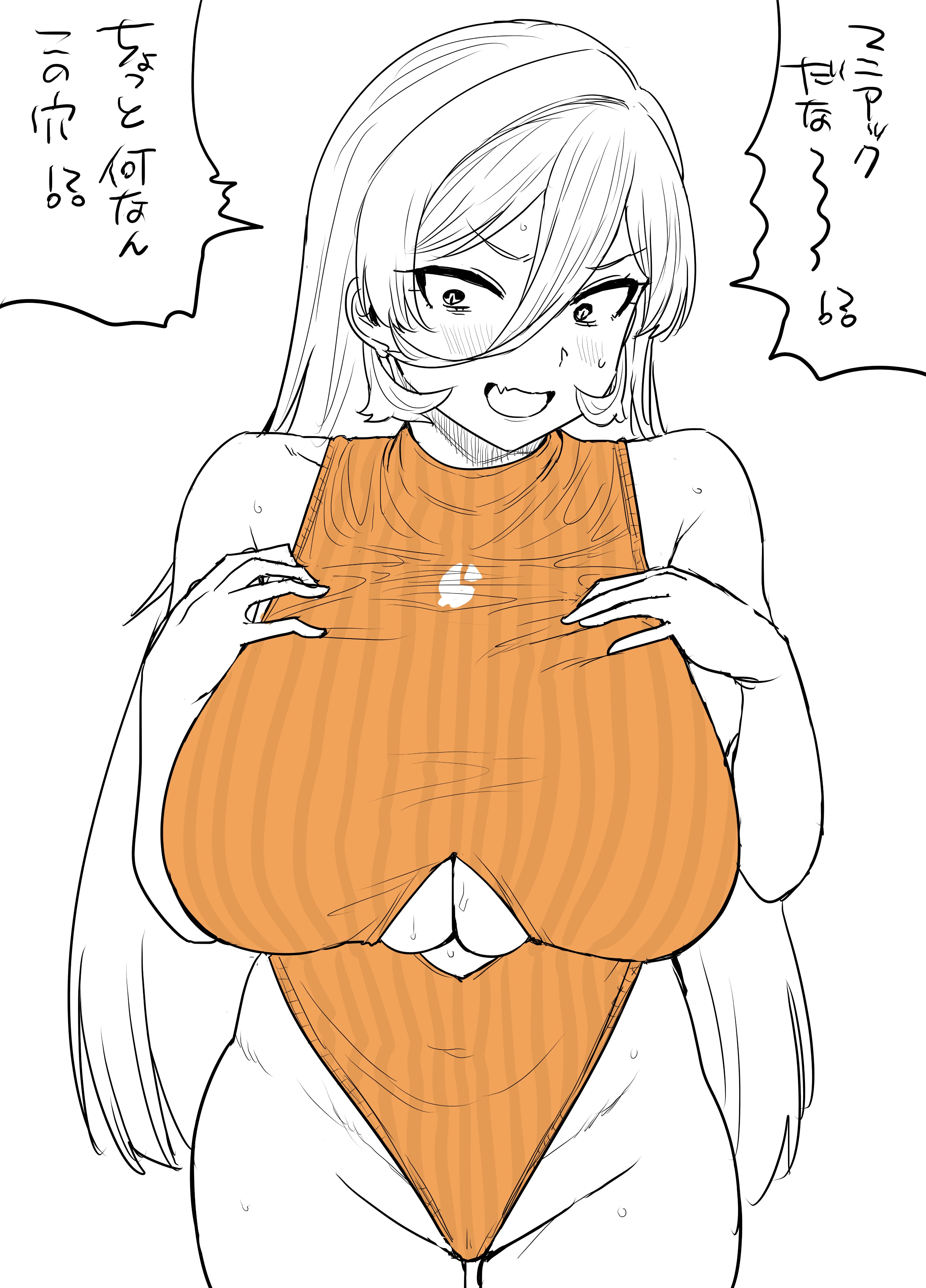 1girls, blush, breasts, cleavage cutout, competition swimsuit, female, greyscale, hands on breasts, kaiman garupan, large breasts, navel, nijisanji, nui sociere, one-piece swimsuit, orange one-piece swimsuit, orange swimsuit, sweat, swimsuit, virtual youtuber