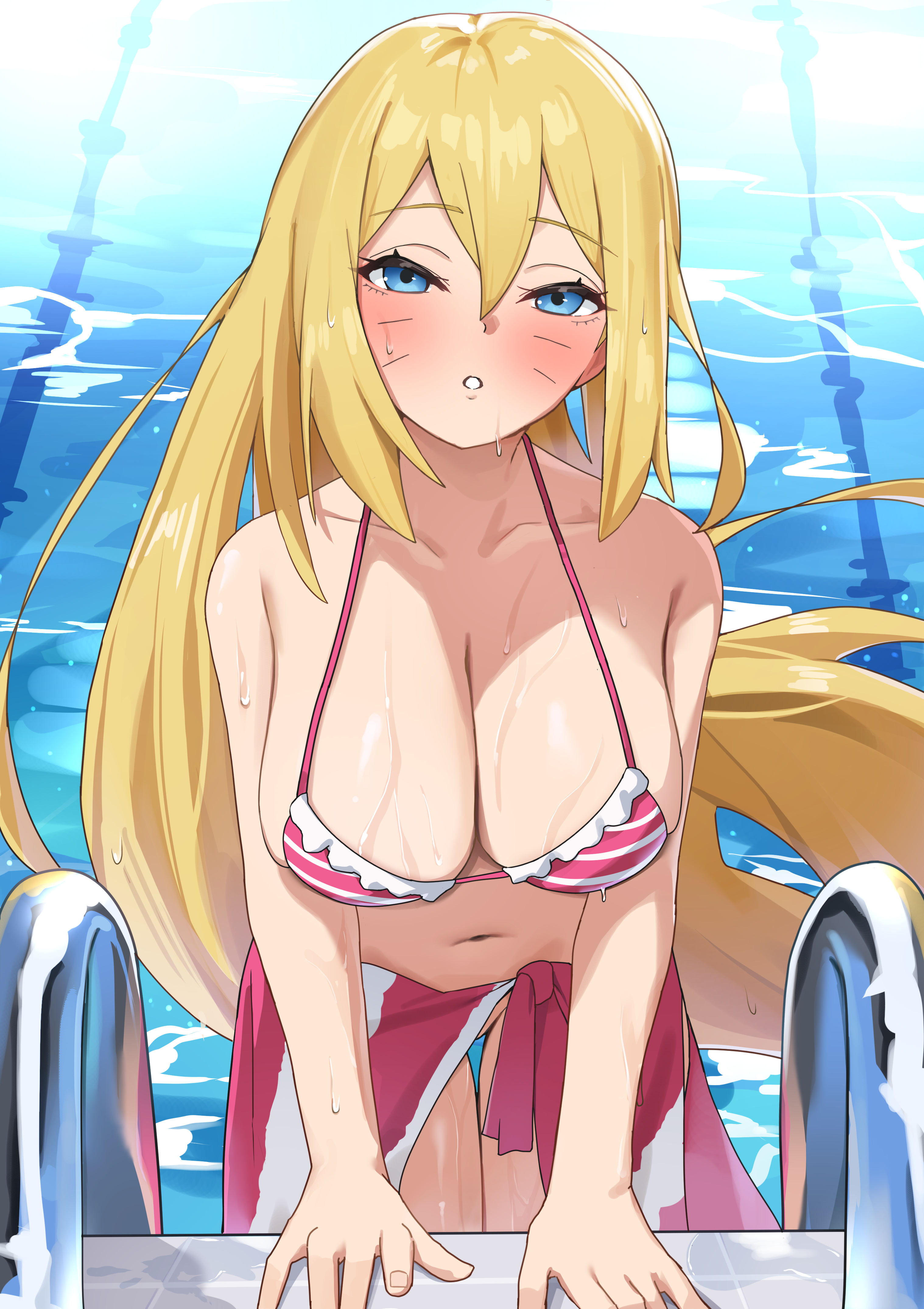 1girls, big breasts, bikini, bikini top, blonde hair, blue eyes, blush, boruko, boruto: naruto next generations, breasts, busty, canon genderswap, cleavage, facial markings, female, female focus, female only, fingernails, gender transformation, genderswap (mtf), halter bikini, hi res, high resolution, highres, inner sideboob, large breasts, light skin, light-skinned female, lips, lipstick, long fingernails, long nails, looking at viewer, makeup, narrowed eyes, naruto, naruto (series), pale skin, pale-skinned female, parted lips, pink lips, pink lipstick, pinup, pool, pool ladder, pose, posing, red nail polish, red nails, rule 63, seductive, seductive eyes, seductive look, sexy no jutsu, shounen jump, shueisha, skymole01, solo, solo female, solo focus, striped bikini, swimming pool, swimsuit, transformation, uzumaki boruto, very high resolution, voluptuous, voluptuous female, wavy hair, weekly shonen jump, whisker markings, whiskers