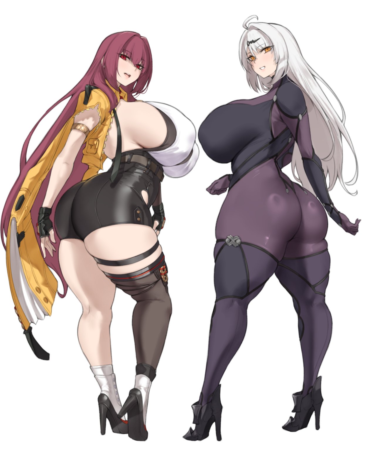 2girls, aster crowley, breasts, cosplay request, crossover, crossover cosplay, fate (series), female, female focus, female only, high heels, large breasts, light skin, light-skinned female, long hair, looking at viewer, looking back, outfit swap, scathach (fate), scathach (fate) (cosplay), thick thighs, thighs, white background, wide hips, yixuan (zenless zone zero), zenless zone zero