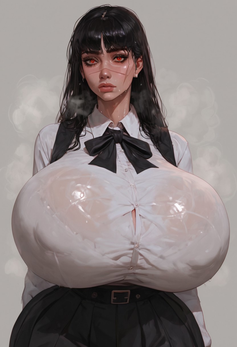 2d, ai generated, anime, asian, asian female, big ass, big breasts, big lips, bimbo, bimbo body, bimbo lips, black hair, breasts, chainsaw man, classroom, eyeshadow, female, giant breasts, hugoroman, hyper breasts, mitaka asa, musk, red eyes, scar, school uniform, schoolgirl, sweat, yoru (chainsaw man)