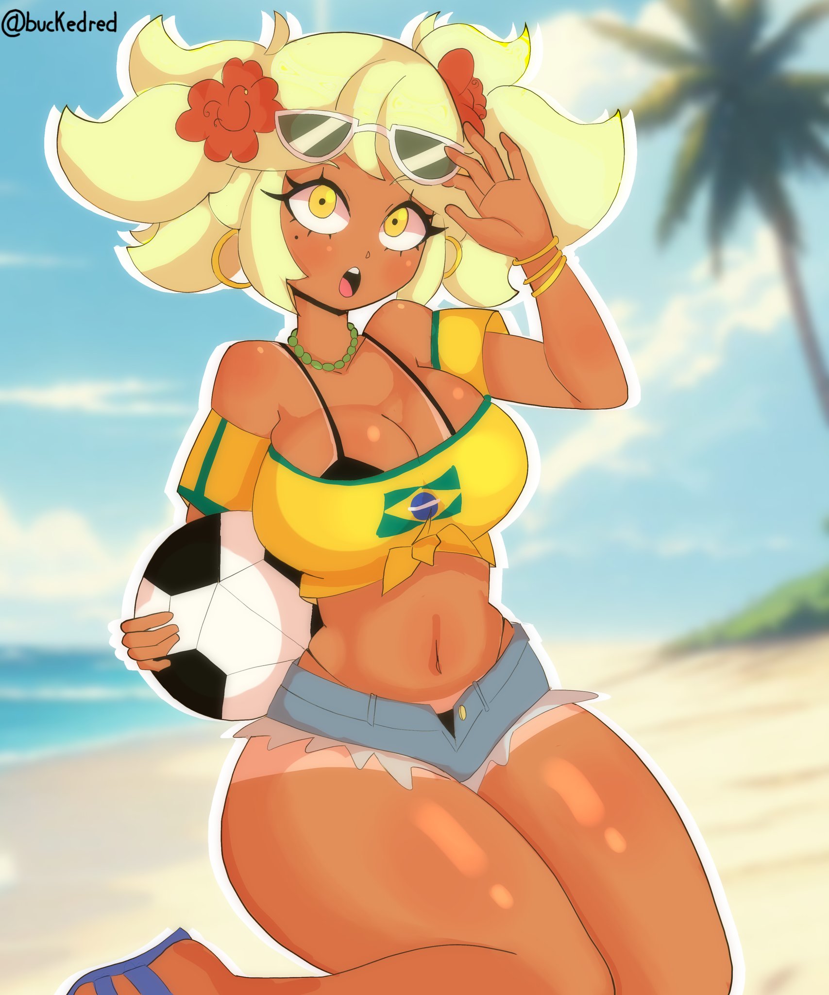 brawl stars, brazilian female, brazilian miku (cosplay), buckedred (artist), dark-skinned female, female, football ball, green hair, mandy (brawl stars), shorts, tagme
