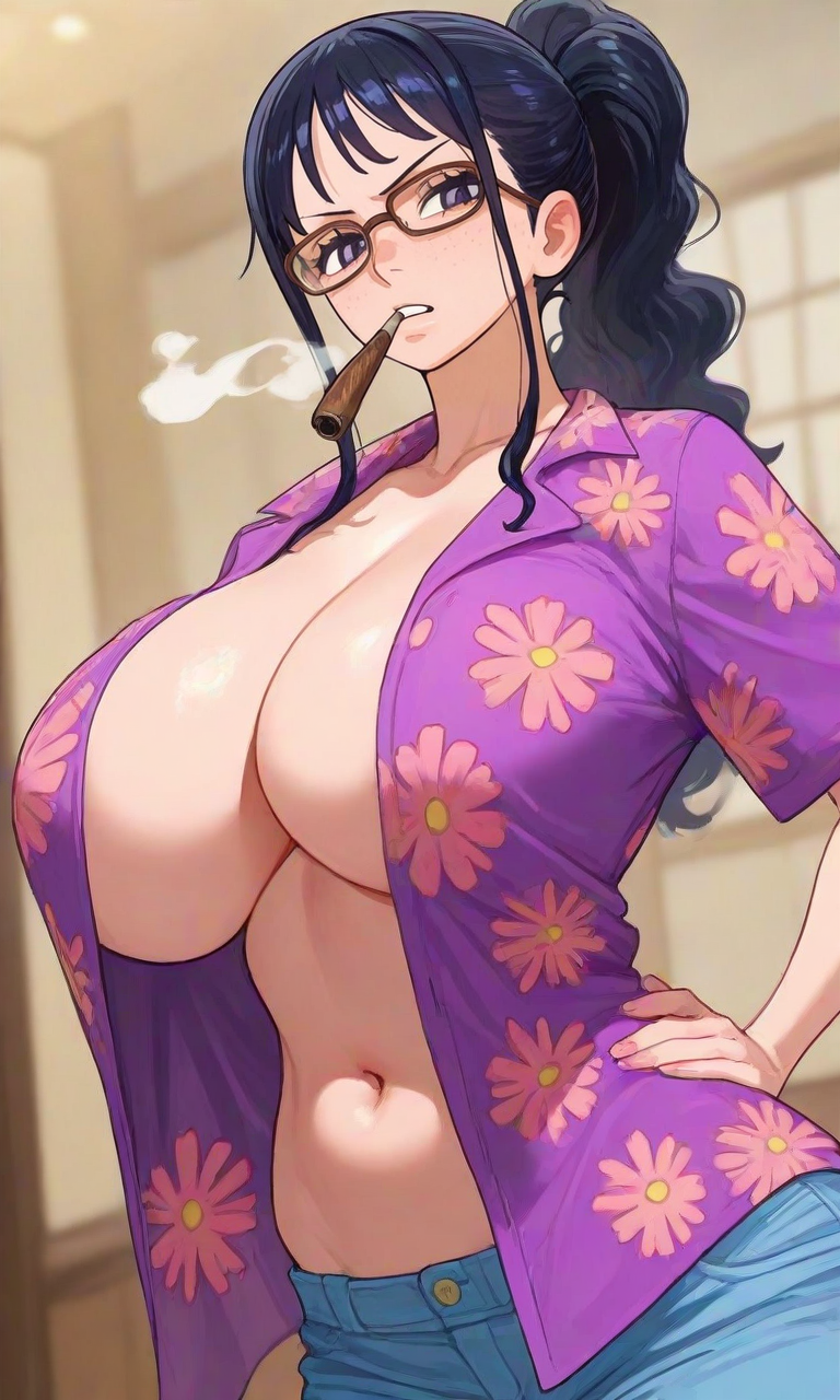 1girls, ai generated, black hair, black-haired female, body swap, breasts, canon body swap, canon bodyswap, cigar, cigar in mouth, female, female only, glasses, gloves, huge breasts, kosine1777, one piece, open shirt, pants, ponytail, shirt, smoker (one piece), smoker/tashigi (shambles), smoking, solo, tashigi