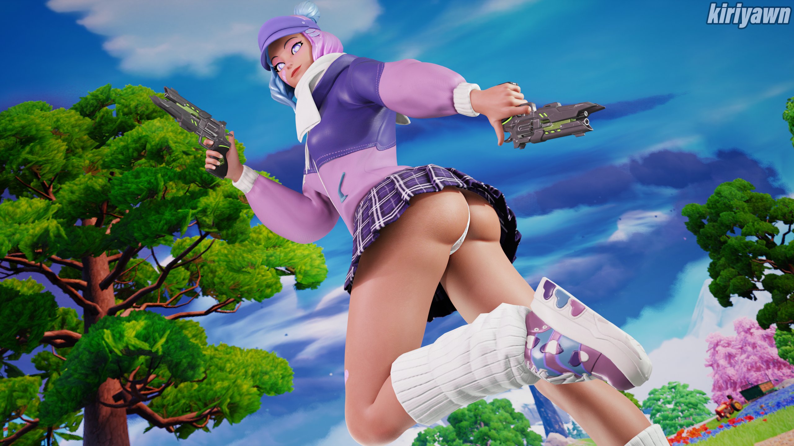 1girls, 2025, 3d, 3d (artwork), ass, big ass, blender, bubble ass, bubble butt, clothed, clothing, commission, detailed background, epic games, female, female focus, female only, fortnite, fortnite: battle royale, holding gun, kiriyawn, leelah (fortnite), light skin, light-skinned female, low-angle view, multicolored hair, one leg up, outdoors, outside, panties, skirt, thick ass, thick thighs, underwear, upskirt, viewed from below, watermark, white panties