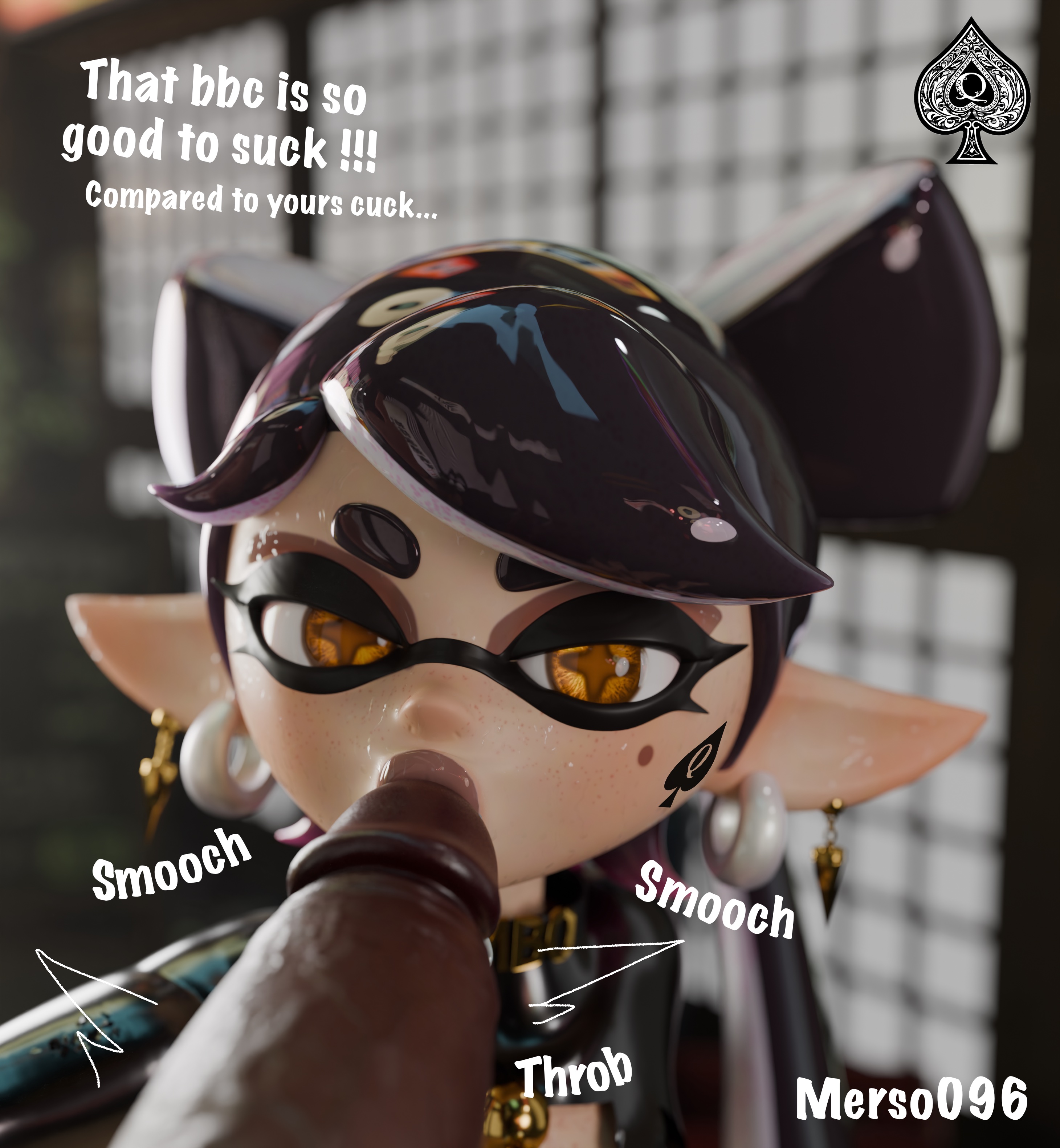 1boy, 1girls, 3d, bimbo, blowjob, brown eyes, callie (splatoon), cuckold, dark skin, dark-skinned male, english text, fellatio, female, interracial, just the tip, kissing penis, light skin, light-skinned female, lips, lipstick, male, merso096, nintendo, penis, pointy ears, qos, qos tattoo, queen of spades, queen of spades symbol, queen of spades tattoo, raceplay, splatoon, splatoon (series), straight, tentacle hair