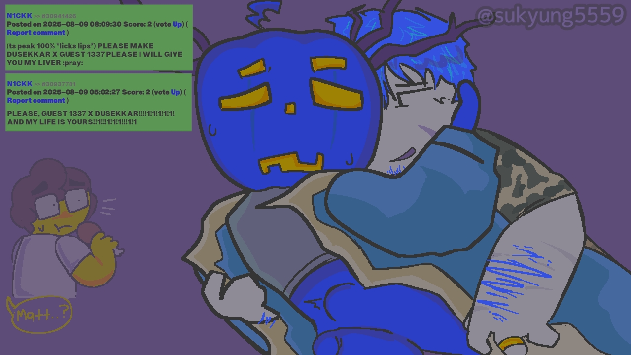 antenna, antennae, arm hair, background character, balls, balls deep, blue hair, blue skin, cloak only, duo focus, dusekkar (forsaken), forsaken (roblox), gay, guest 1337 (forsaken), hand on another's head, male, matt dusek, pumpkin, pumpkin head, request, requested, ring (jewelry), roblox, roblox game, robloxian, rule 34 comment, scar, scars, self upload, shedletsky, shedletsky (forsaken), smiling at partner, stomach bulge, sukyung5559, tagme, toony face, watermark, yellow eyes