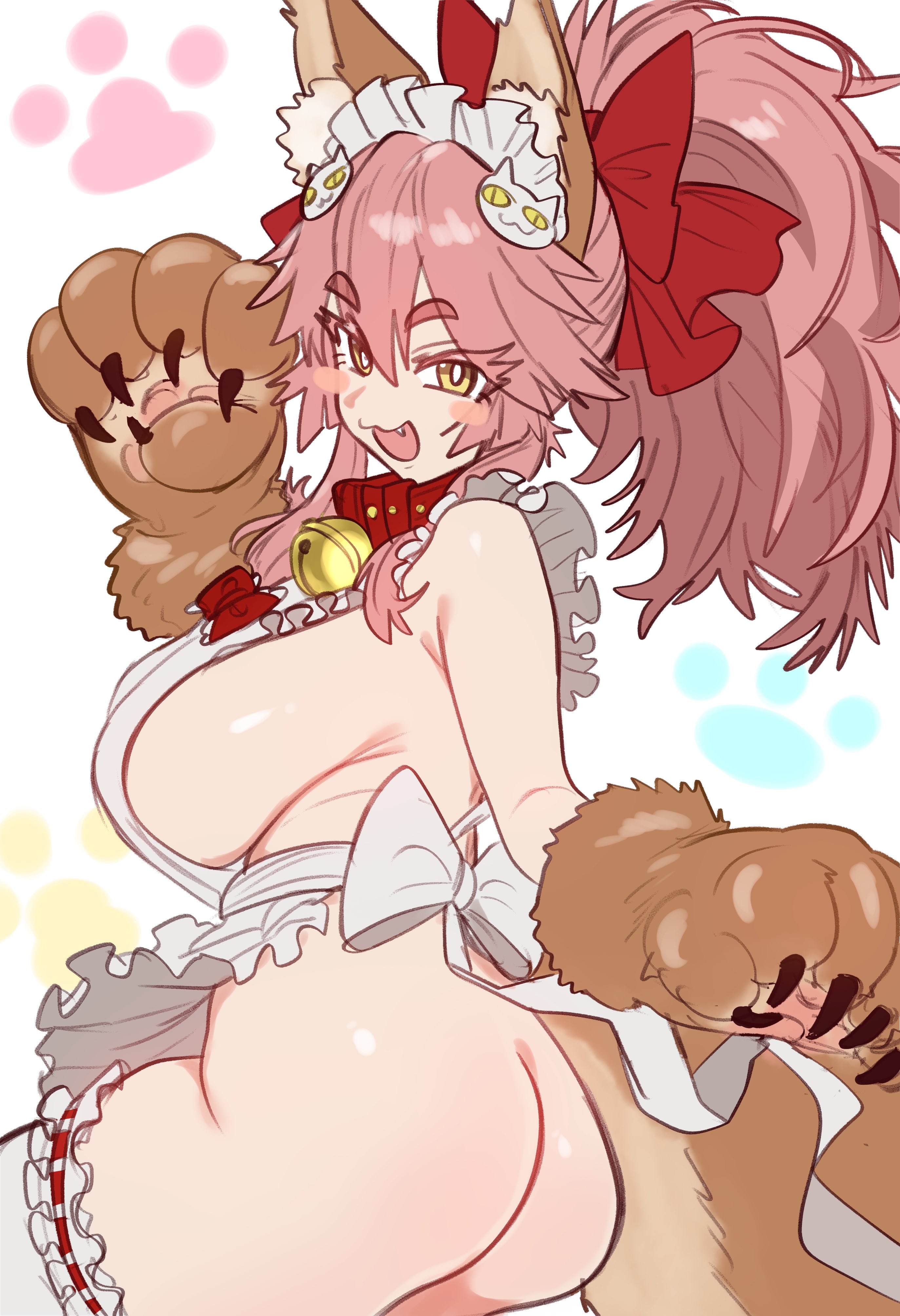 :3, absurdres, animal ear fluff, animal ears, animal hands, apron, ass, bare hips, bare shoulders, bell, bell collar, blush, bow, breasts, cat hair ornament, collar, cute fang, ebora, fate (series), fate/extra, fate/grand order, female, fox ears, fox girl, fox tail, frills, gloves, hair between eyes, hair ornament, hairbow, highres, jingle bell, large breasts, long hair, looking at viewer, naked apron, neck bell, no panties, open mouth, paw gloves, pink hair, ponytail, red bow, sideboob, sidelocks, smile, solo, tail, tamamo (fate), tamamo cat (fate), tamamo cat (third ascension) (fate), thick eyebrows, thighhighs, thighs, white apron, white thighhighs, yellow eyes