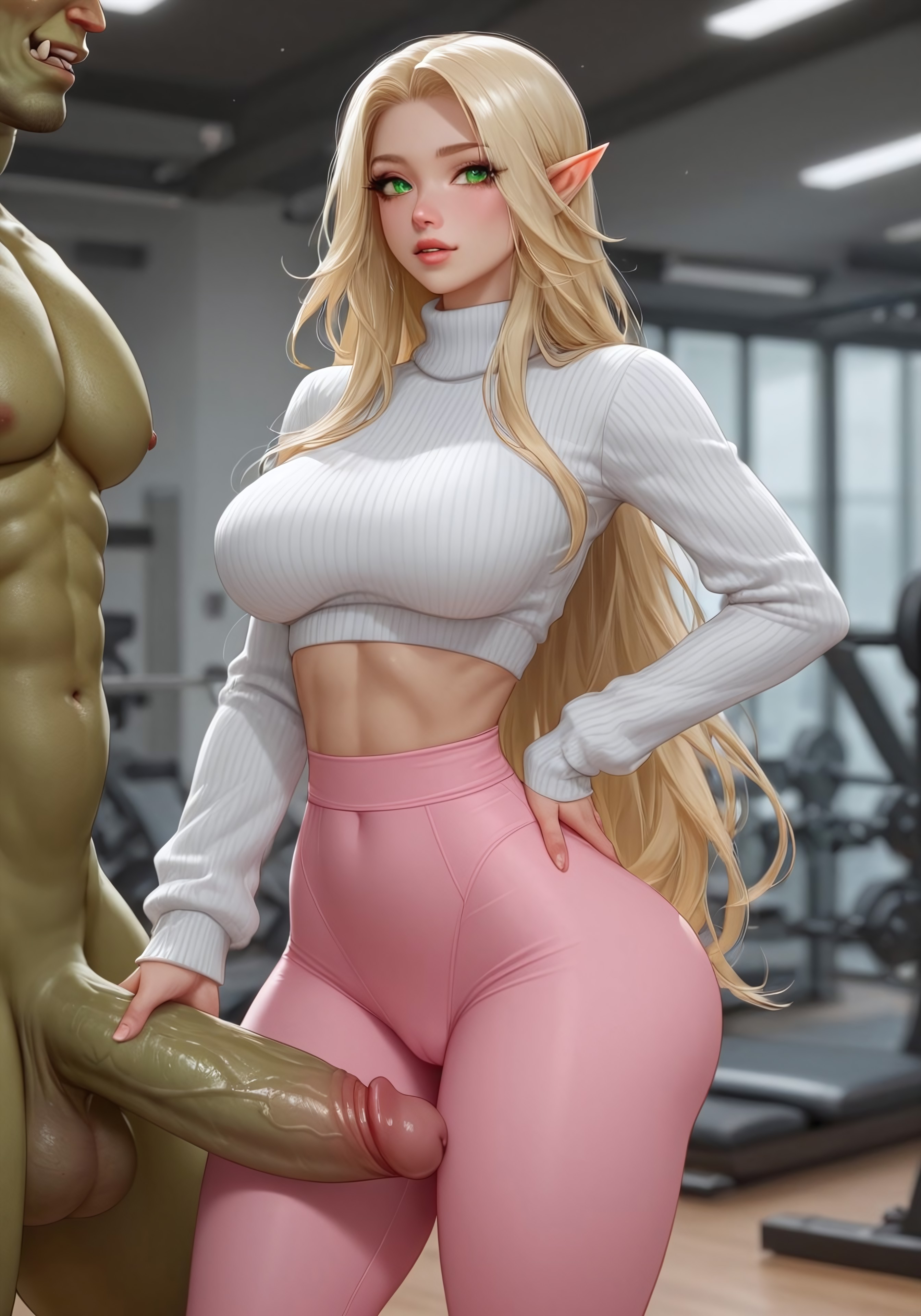ai art, ai assisted, ai generated, athletic, athletic female, athletic male, bethiella, big ass, big breasts, big penis, blonde female, blonde hair, blonde-haired female, blood elf, blood elf female, breasts, cameltoe, civitai, elf, elf ears, elf female, female, green eyes, gym, gym background, hand on hip, hand on penis, handjob, high resolution, highres, huge cock, leggings, long hair, long sleeves, makeup, male, orc, orc (warcraft), orc male, penis, pink legwear, pink yoga pants, sweater, world of warcraft, yoga pants