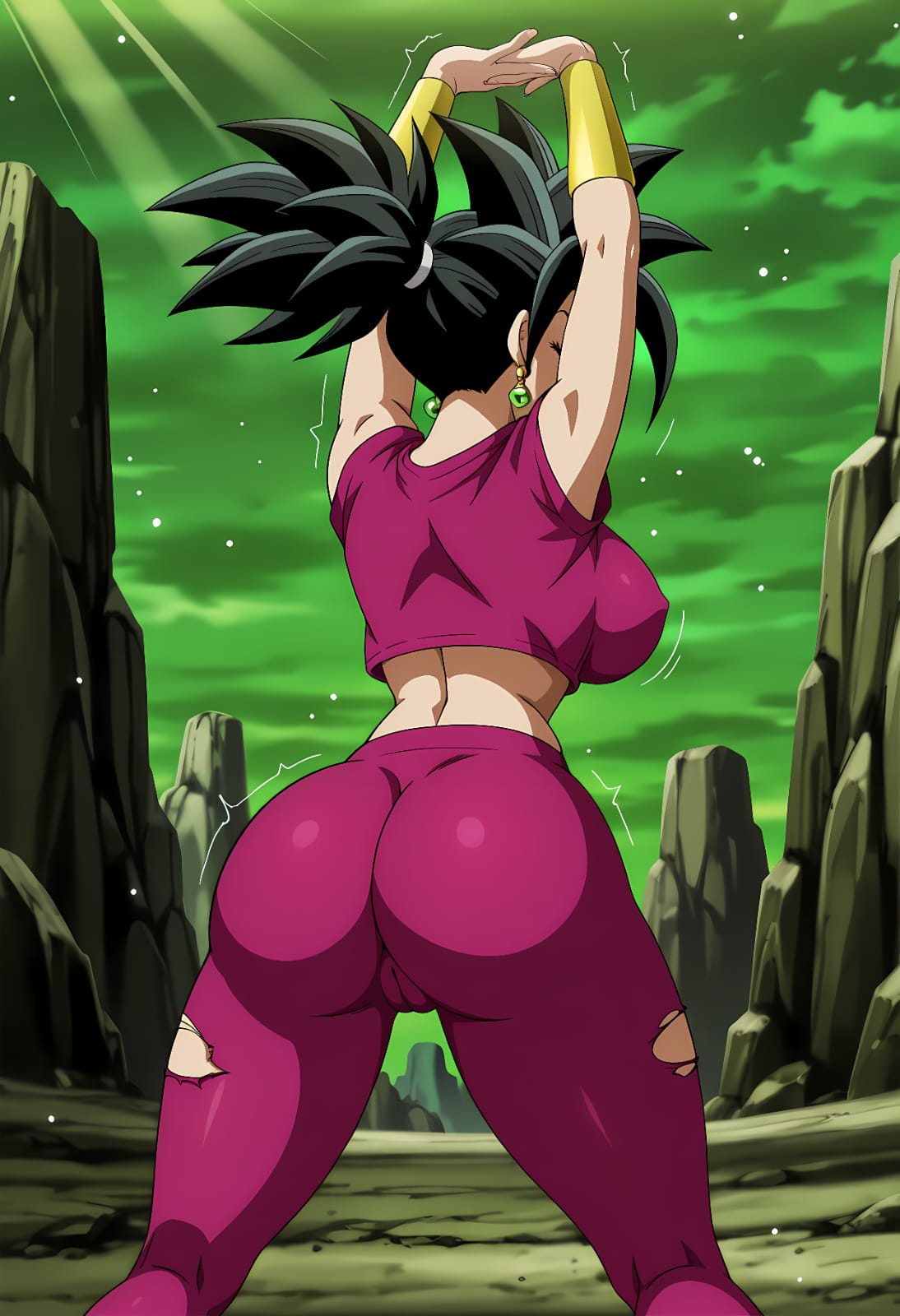 1girls, 2d, arms above head, ass, backboob, big ass, big breasts, black hair, breasts, cameltoe, color, dragon ball, dragon ball super, earrings, female, female only, full color, fusion, kefla, non-nude, potara earrings, raised arms, rear view, ripped clothing, ripped pants, solo, stretching, tagme, tagme (artist), thick thighs, tied hair, tremble spikes, unknown artist