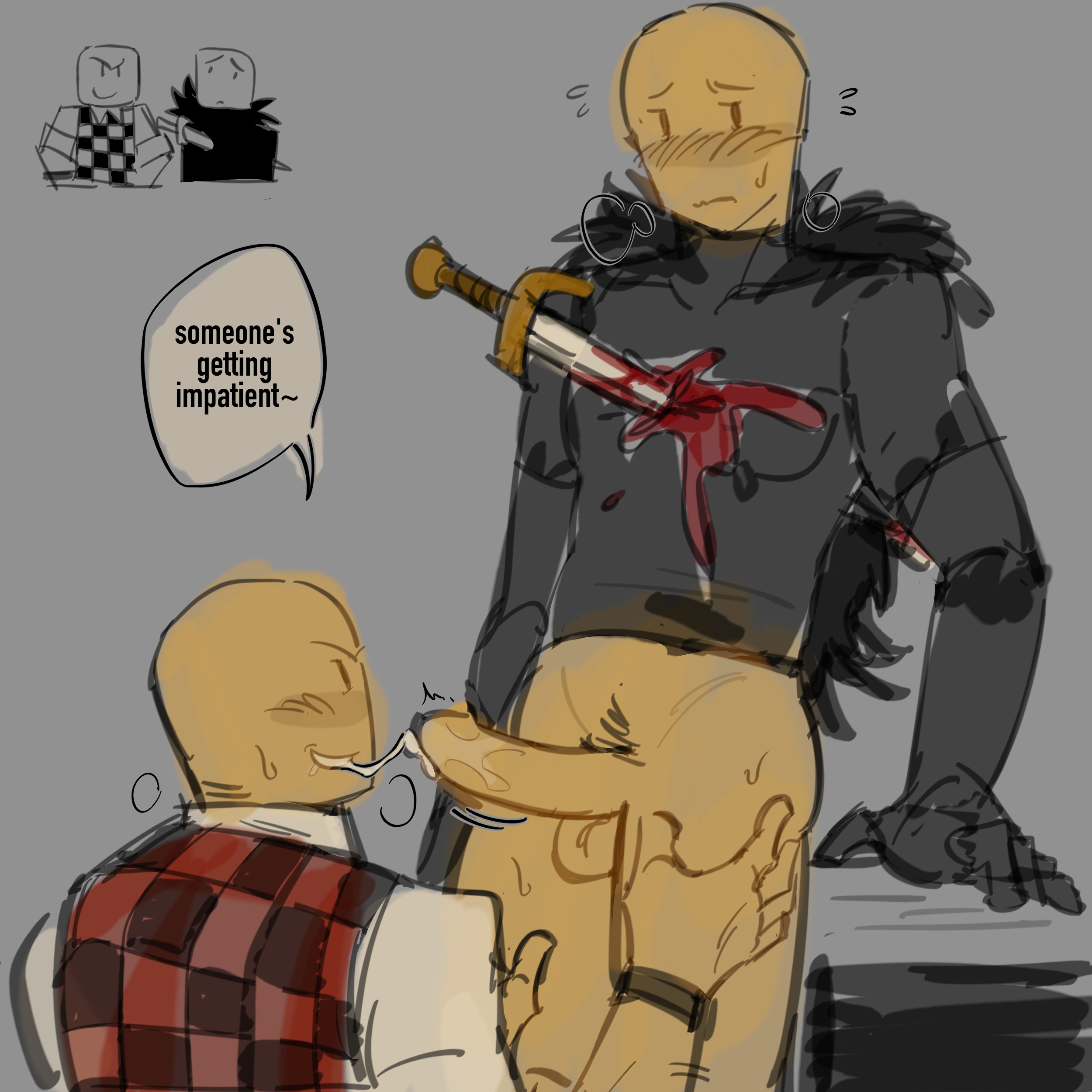 2boys, artist request, balls, blood stain, blowjob, blush, cum, cum in mouth, devesto, die of death (roblox), dominant bottom, dripping cum, flustered, gay, gore, male, mequot, oral sex, penis, penis out, pubes, roblox, roblox game, robloxian, submissive top, tagme, teasing