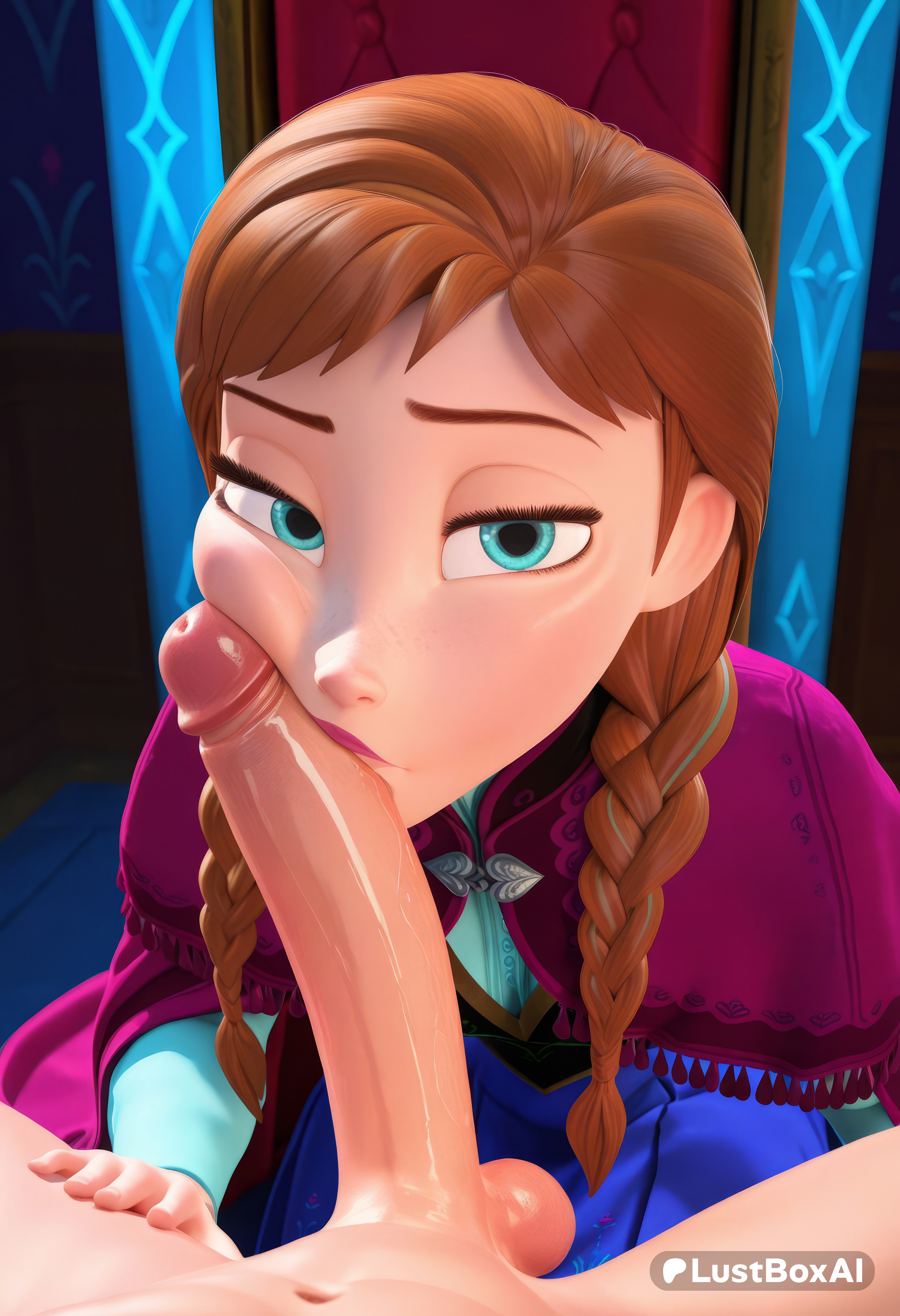 1boy, 1boy1girl, 1girls, ai generated, anna (frozen), artist name, blowjob, blue eyes, braid, brown hair, cheek press, clothed female nude male, disney, disney princess, dress, erection, fellatio, female, freckles, frozen (film), frozen 2, hair over shoulder, hi res, incest, lips, long hair, looking at viewer, lustboxai, makeup, navel, nude, oral, orange hair, penis, penis on face, pov, pov crotch, solo focus, straight, testicles, twin braids, uncensored