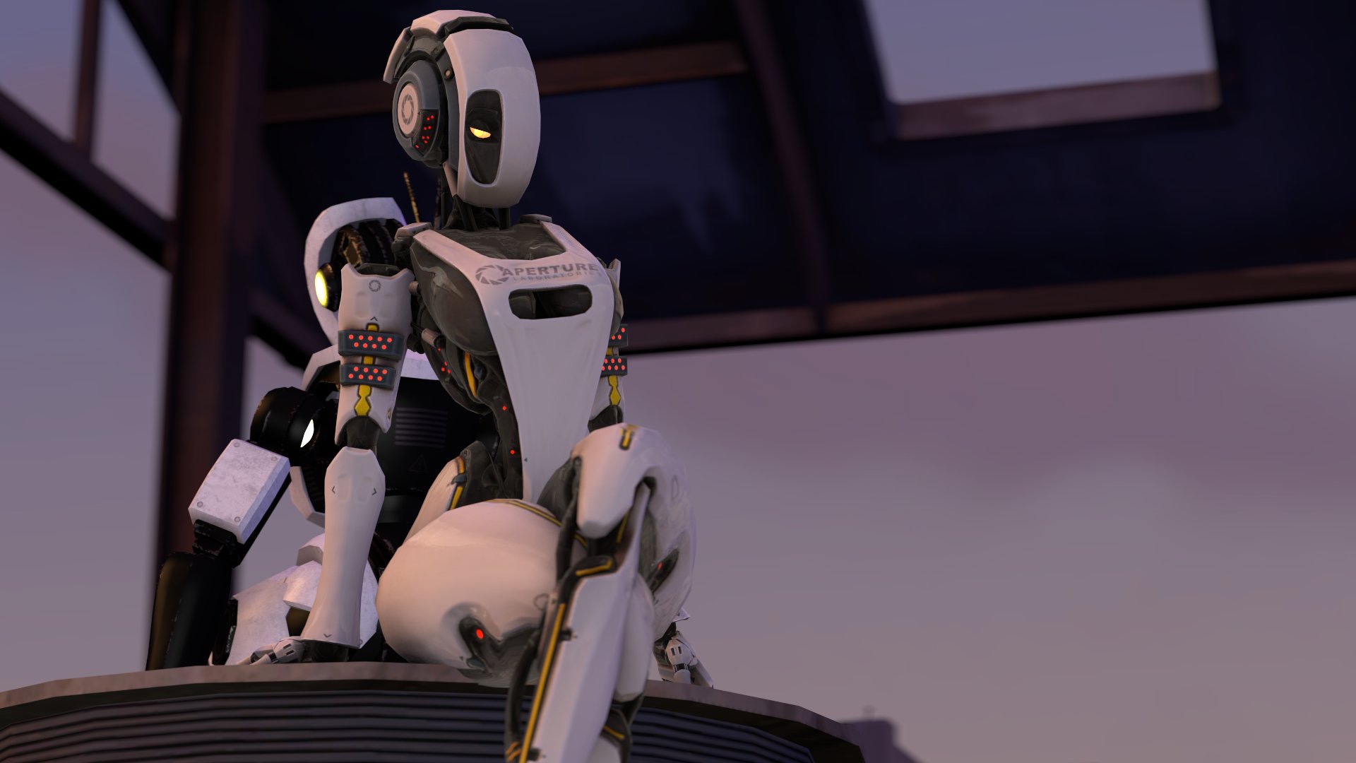 1 eye, 2girls, 3d, 3d (artwork), female, glados, glados (humanoid), glados (thiccythings), portal (series), robot, robot girl, sfm, source filmmaker, yellow eyes