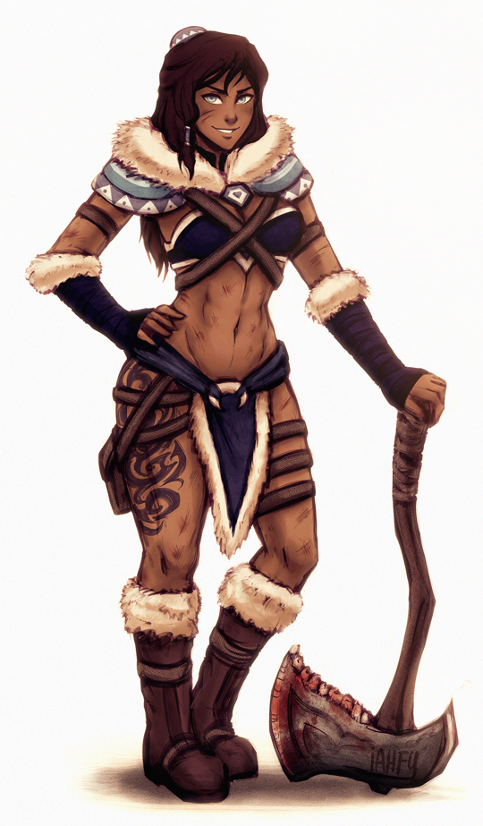 1girls, abs, amazon, armband, avatar legends, axe, barbarian, blue eyes, boots, bra, breasts, brown hair, cleavage, clothing, dark skin, dark-skinned female, female, female only, fit, hand on hip, hourglass figure, iahfy, korra, loincloth, long hair, medium breasts, muscles, muscular, muscular female, navel, smile, solo, standing, straight hair, tattoo, the avatar, the legend of korra, thigh strap, water tribe, weapon