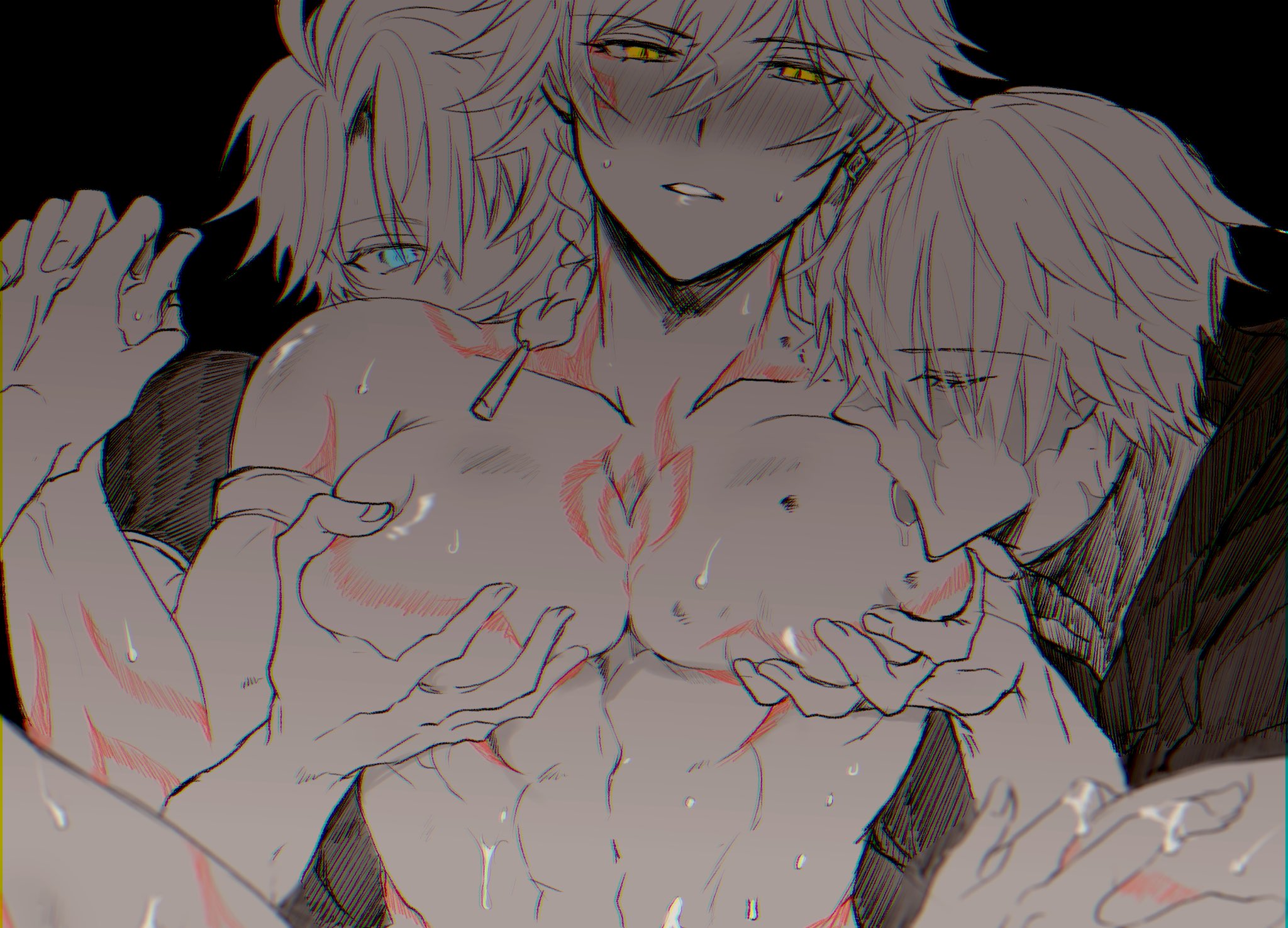 abs, big pecs, blush, blush lines, closed eyes, flame reaver (honkai: star rail), gay, grabbing, grabbing from behind, grabbing pecs, honkai: star rail, licking, licking pecs, male, male focus, male only, meshiau79187, multiple boys, multiple males, multiple persona, muscular, muscular male, mydei (honkai: star rail), nude, nude male, pecs, pecs grab, pecs touching, phaidei (honkai: star rail), phainon (honkai: star rail), scar, scar on face, sweat, sweatdrop, sweating, yaoi