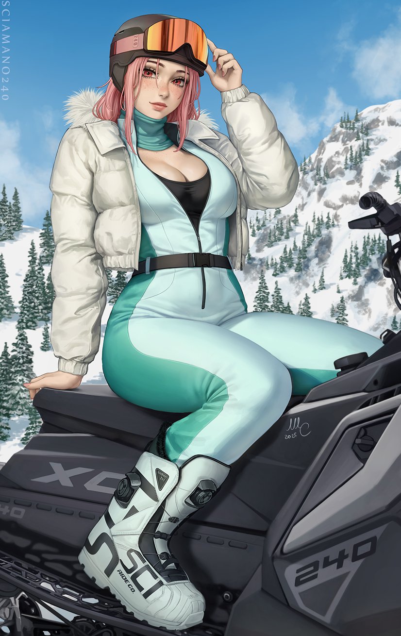 1girls, big breasts, bodysuit, chloe (sciamano240), cleavage, detailed background, female, long hair, looking at viewer, mirco cabbia, mountain, oc, original, original character, pink eyes, pink hair, pink nails, sciamano240, smile, smiling, smiling at viewer, snow, solo, solo focus, sportswear, trees