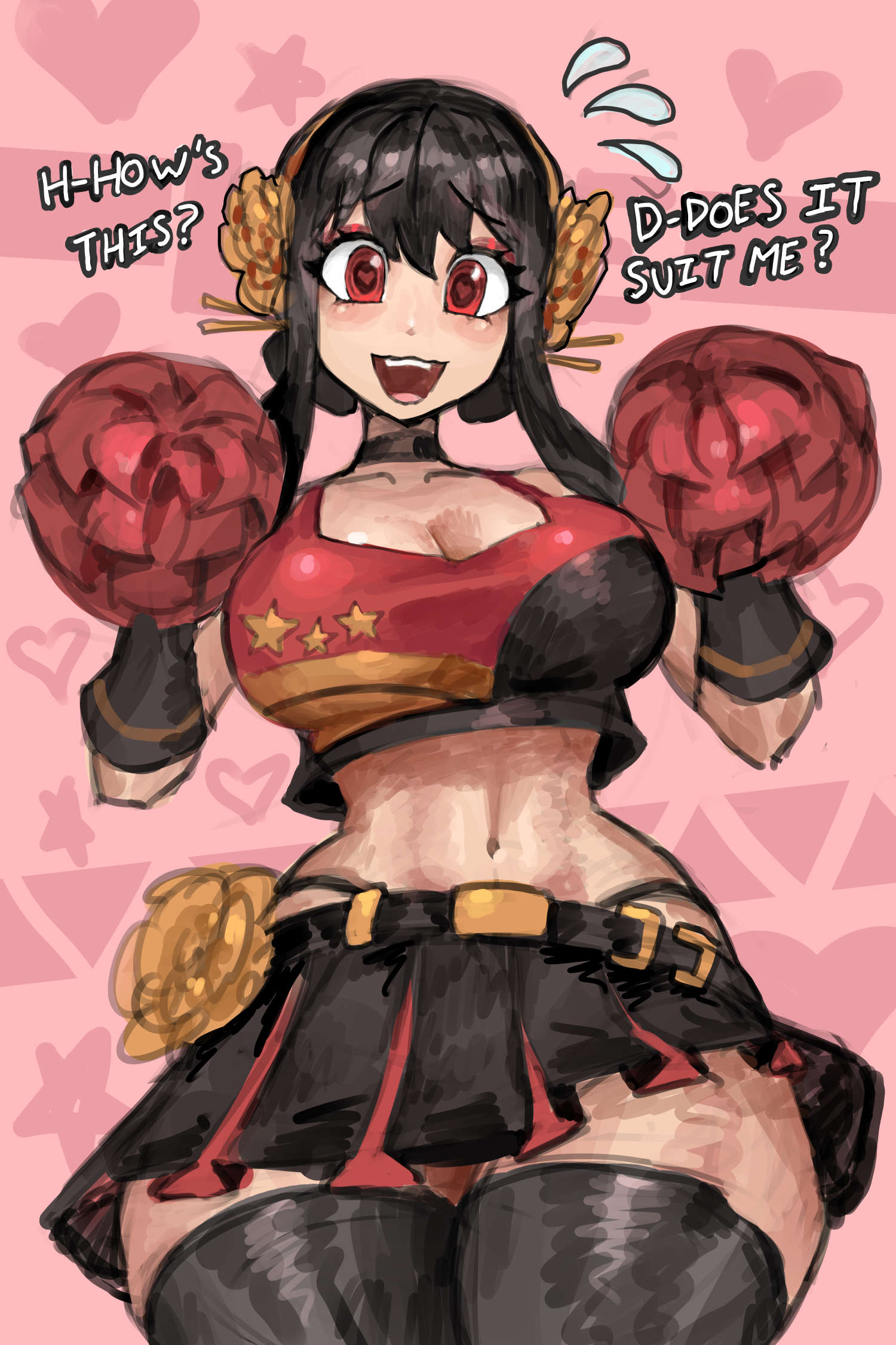 1girls, alternate costume, black hair, cheerleader, cheerleader uniform, eyeshadow, female, female focus, female only, heart-shaped pupils, hi res, hips, long hair, looking at viewer, midriff, nintendo, pom poms, red eyes, saiykik, spy x family, thick thighs, thighhighs, thighs, yor briar, yor forger