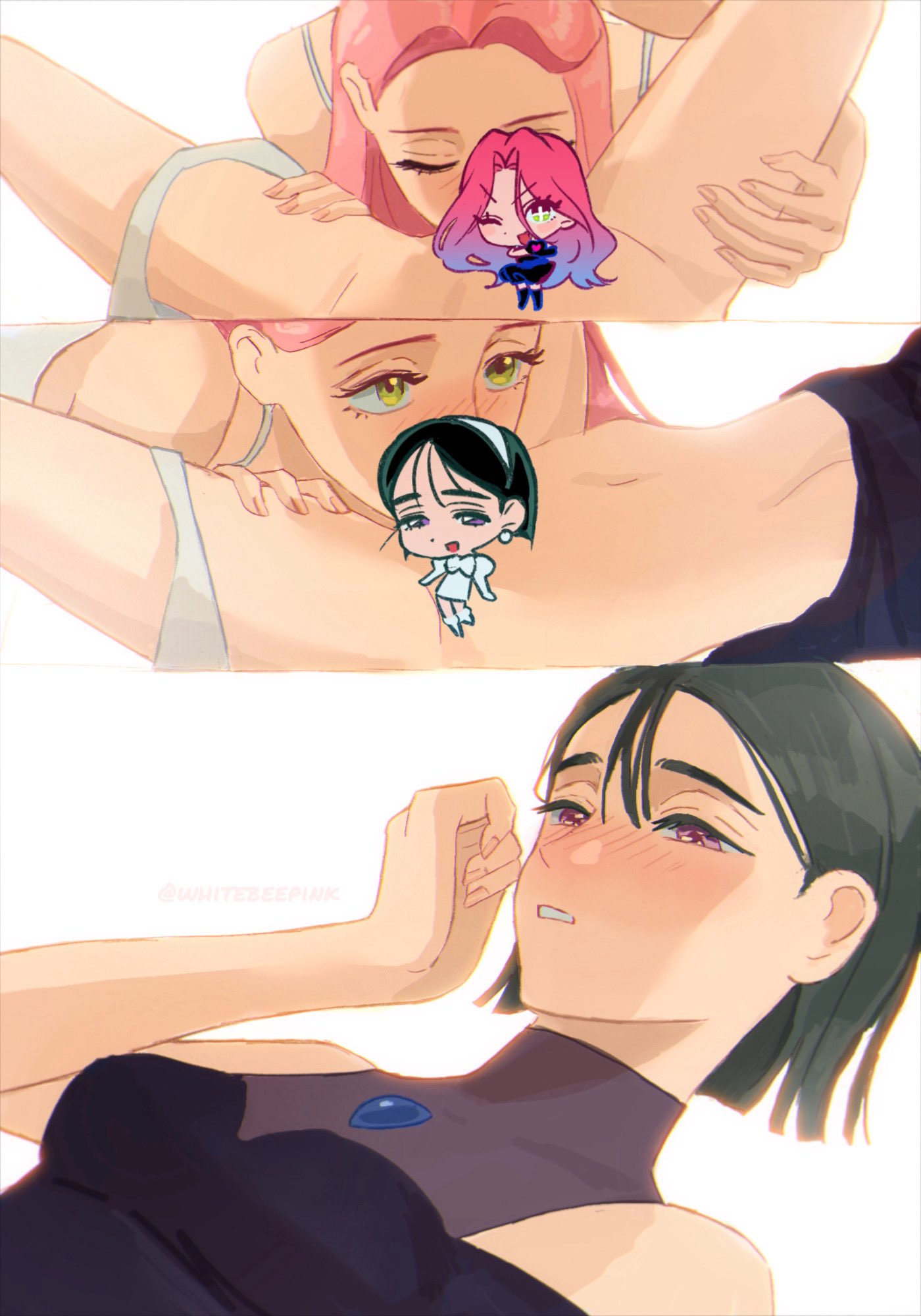 2girls, alien stage, artist name, black dress, black hair, black-haired female, blush, censored, cunnilingus, female, female only, female/female, lesbian couple, lesbian sex, mizi (alien stage), multiple females, multiple girls, oral, oral sex, panties down, pink hair, pink-haired female, purple eyes, spread legs, sua (alien stage), white panties, whitebeepink, yellow eyes, yuri