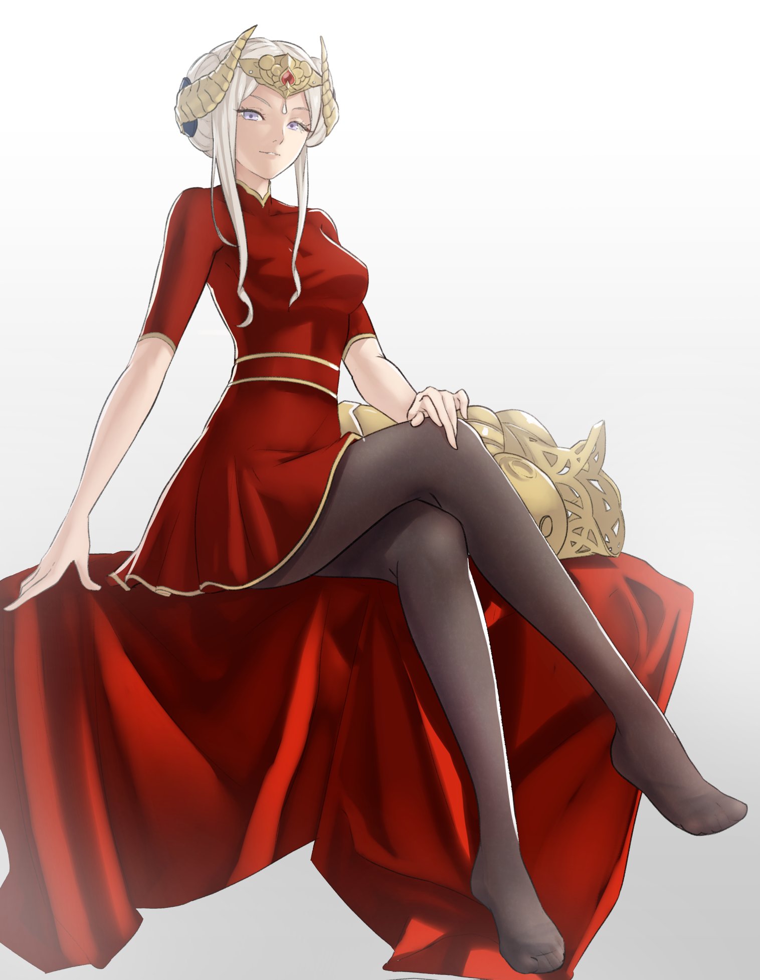 1girls, alternate costume, alternate version available, armor, armor removed, bare arms, black pantyhose, breasts, crossed legs, crown, dress, edelgard von hresvelg, female, female only, fire emblem, fire emblem heroes, fire emblem: three houses, grin, highres, legs, long hair, looking at viewer, medium breasts, meme, more at source, nintendo, official alternate costume, pantyhose, pomelomelon, post-timeskip, purple eyes, red dress, short sleeves, sitting, smile, solo, stripping, textless version, twitter strip game, undressing, white hair