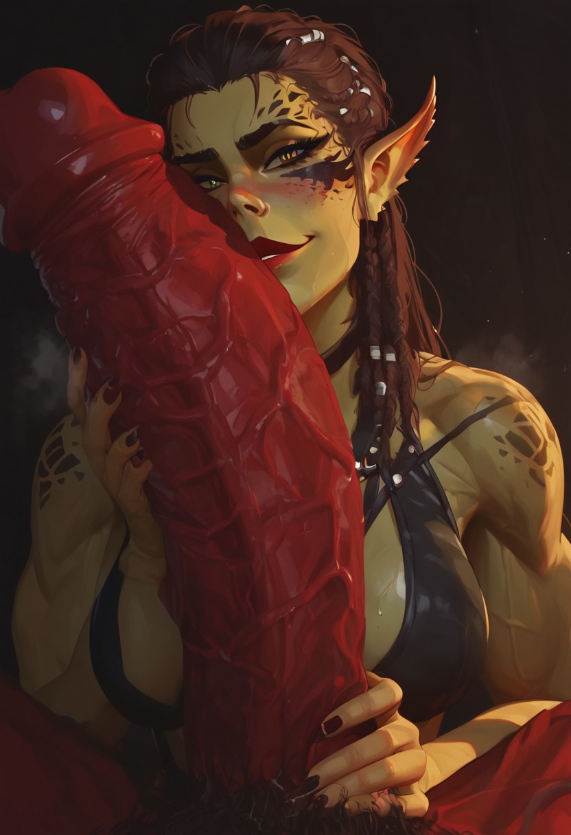 2d, ai generated, baldur's gate 3, big ass, big breasts, big penis, bikini, breasts, dominant female, dungeons and dragons, elf ears, fantasy, female, gith, githyanki, hugoroman, imminent oral, imminent sex, interspecies, lae'zel, leather, legs apart, looking at viewer, lustful gaze, male, night, penis, pov, precum, red penis, seductive, seductive look, tagme, wholesome