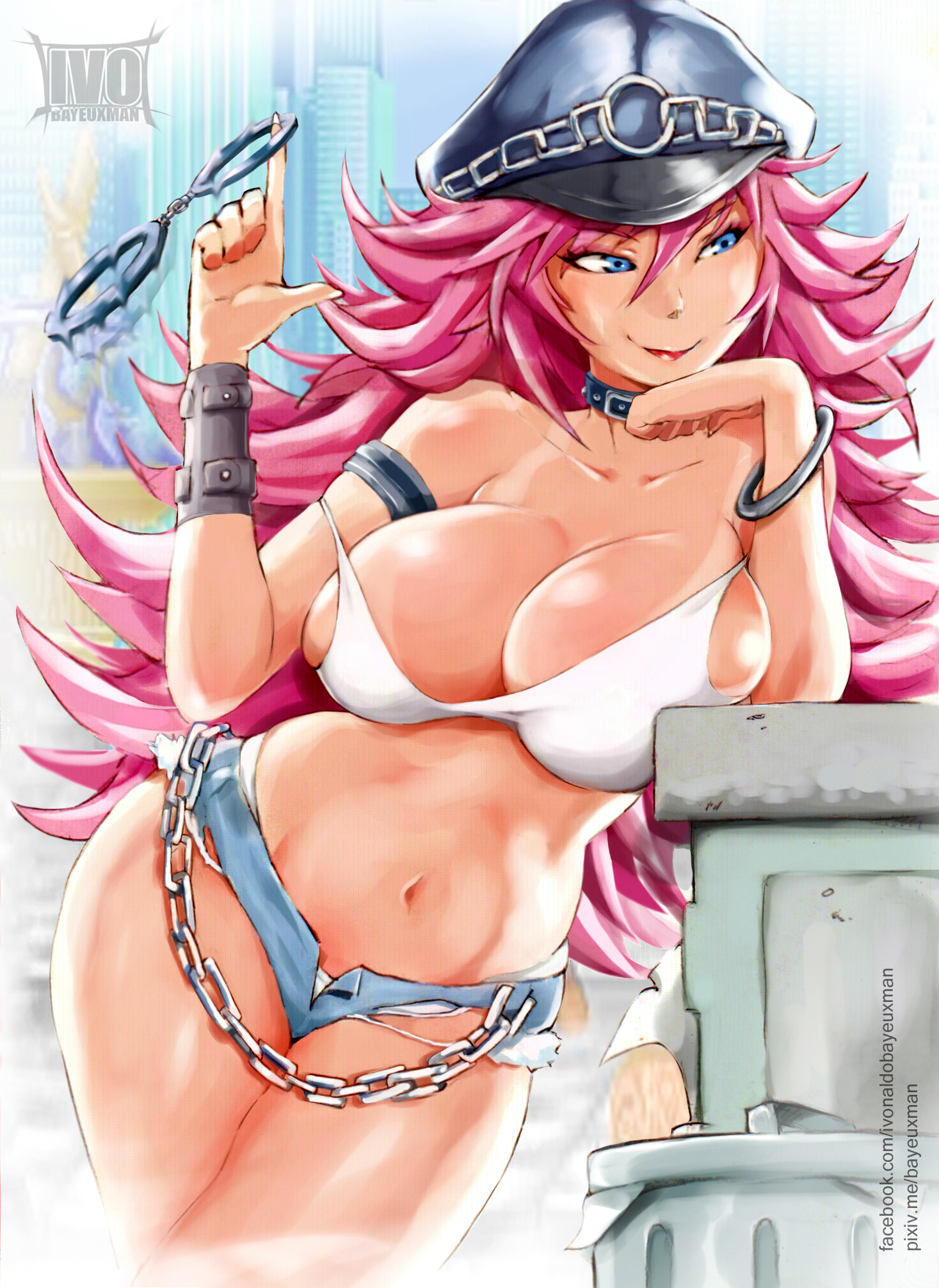 arm strap, arm support, armband, bare shoulders, bayeuxman, big breasts, blue eyes, bracelet, breasts, capcom, chains, city, cleavage, collar, cropped legs, cuffs, cutoffs, denim, denim shorts, female, final fight, handcuffs, hat, highres, huge breasts, index finger raised, large breasts, leaning, lips, long hair, navel, peaked cap, pink hair, poison (final fight), shorts, smile, solo, standing, strap slip, street fighter, tank top, tanline, thick thighs, very long hair, wide hips