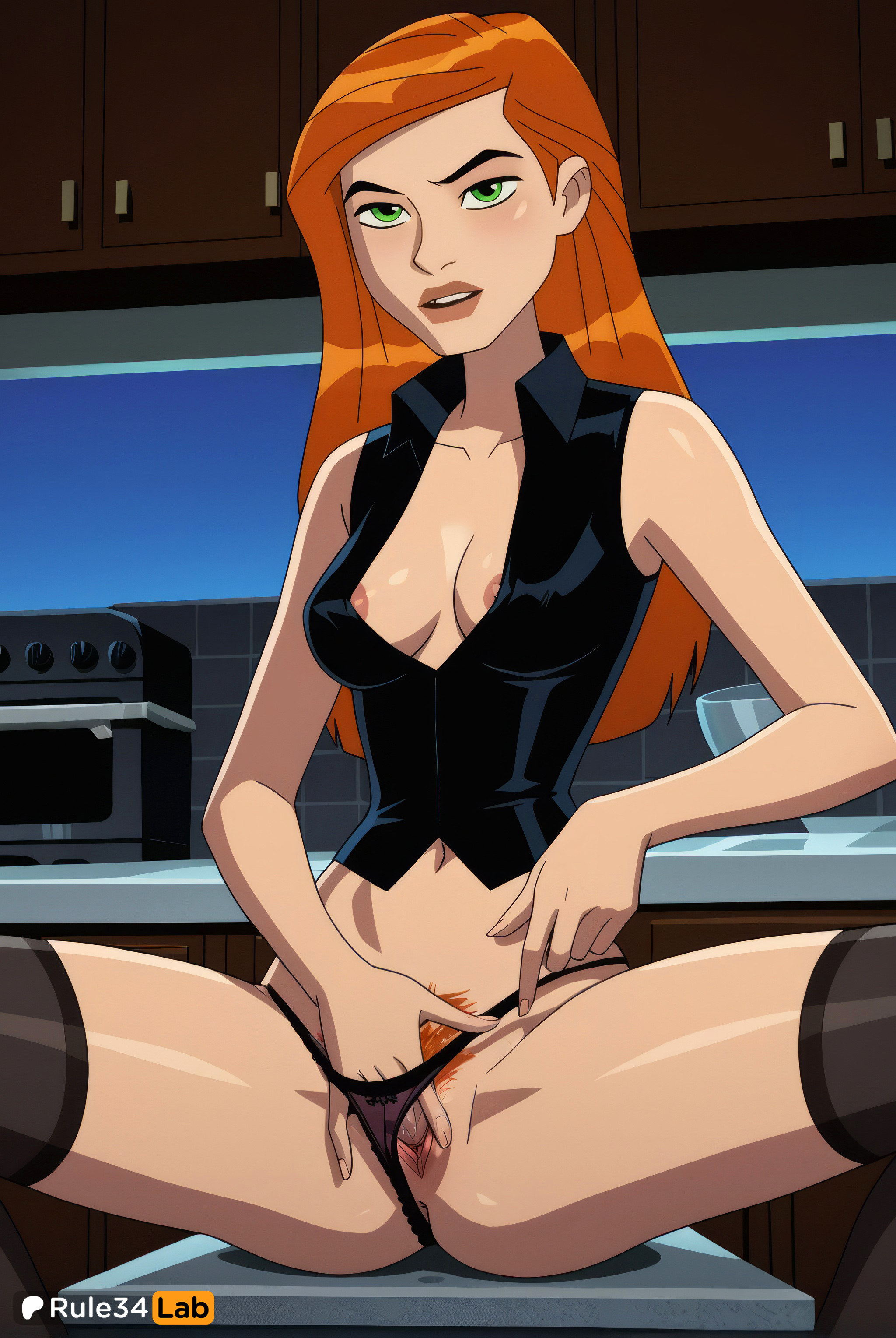 1girls, ai generated, anus, areola slip, artist name, bare shoulders, ben 10, ben 10 (classic), ben 10 alien force, ben 10 ultimate alien, black panties, black thighhighs, breasts, cartoon network, clothing aside, collarbone, counter, female, female masturbation, female only, female pubic hair, green eyes, gwen tennyson, gwen tennyson (alien force), gwen tennyson (classic), gwen tennyson (ultimate alien), hi res, indoors, kitchen, long hair, looking at viewer, masturbation, medium breasts, navel, nipple slip, nipples, no bra, open mouth, orange hair, panties, pubic hair, pussy, rule34lab, shirt, sitting, sleeveless, solo, spread legs, teeth, thighhighs, uncensored, underwear, upper teeth only, vest, warner bros, warner brothers, younger female