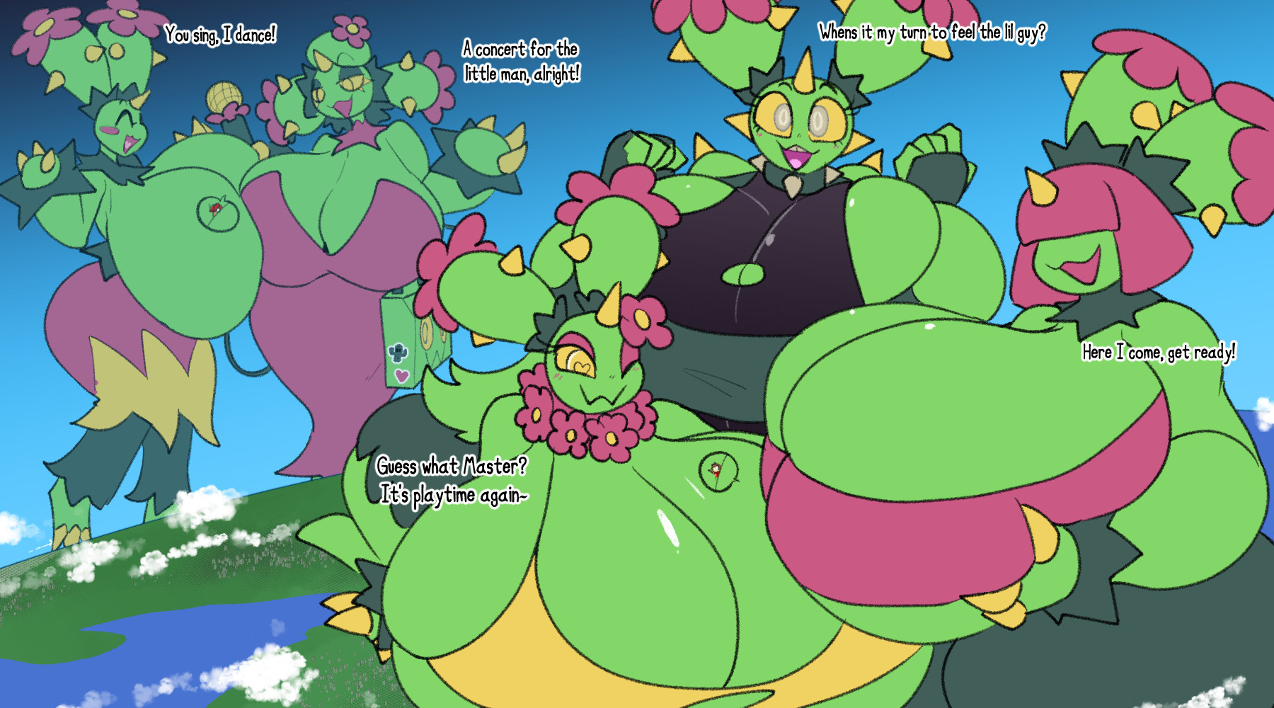 5girls, adriana (rubyqm), between breasts, breast smother, breasts, cactus, cactus girl, cactus humanoid, earth, female, giantess, huge breasts, maractus, massive breasts, multiple females, multiple girls, pokemon, pokemon (species), pokemon bw, siftmicro, smothering