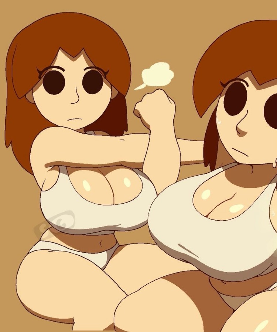 1girls, after workout, armpit peek, big eyes, blank stare, breasts, brown background, brown hair, cleavage, dilated pupils, expressionless, fat ass, female, glistening, glistening breasts, lilmoonie, mii, mii gunner, mii gunner (smash 4), mob face, nintendo, pale-skinned female, sideshow circus, small nose, stretching, super smash bros., sweatdrop, sweaty face, thick thighs, venus body, wall eyed, watermark, white bra, white panties