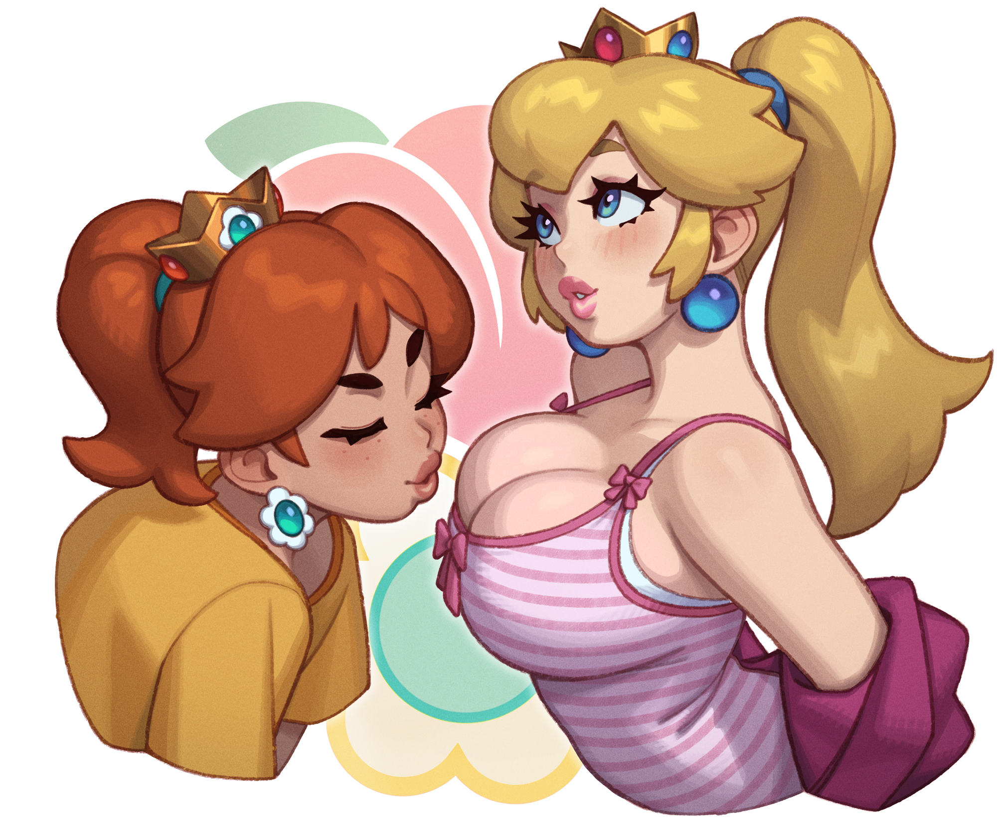 2girls, appreciation, big breasts, blonde hair, blue eyes, breast awe, breasts, brown hair, brunette hair, cleavage, closed eyes, earrings, female, large breasts, lips, lipstick, mario (series), meme, nintendo, ponytail, princess daisy, princess peach, rizdraws, super mario bros., tagme, yuri