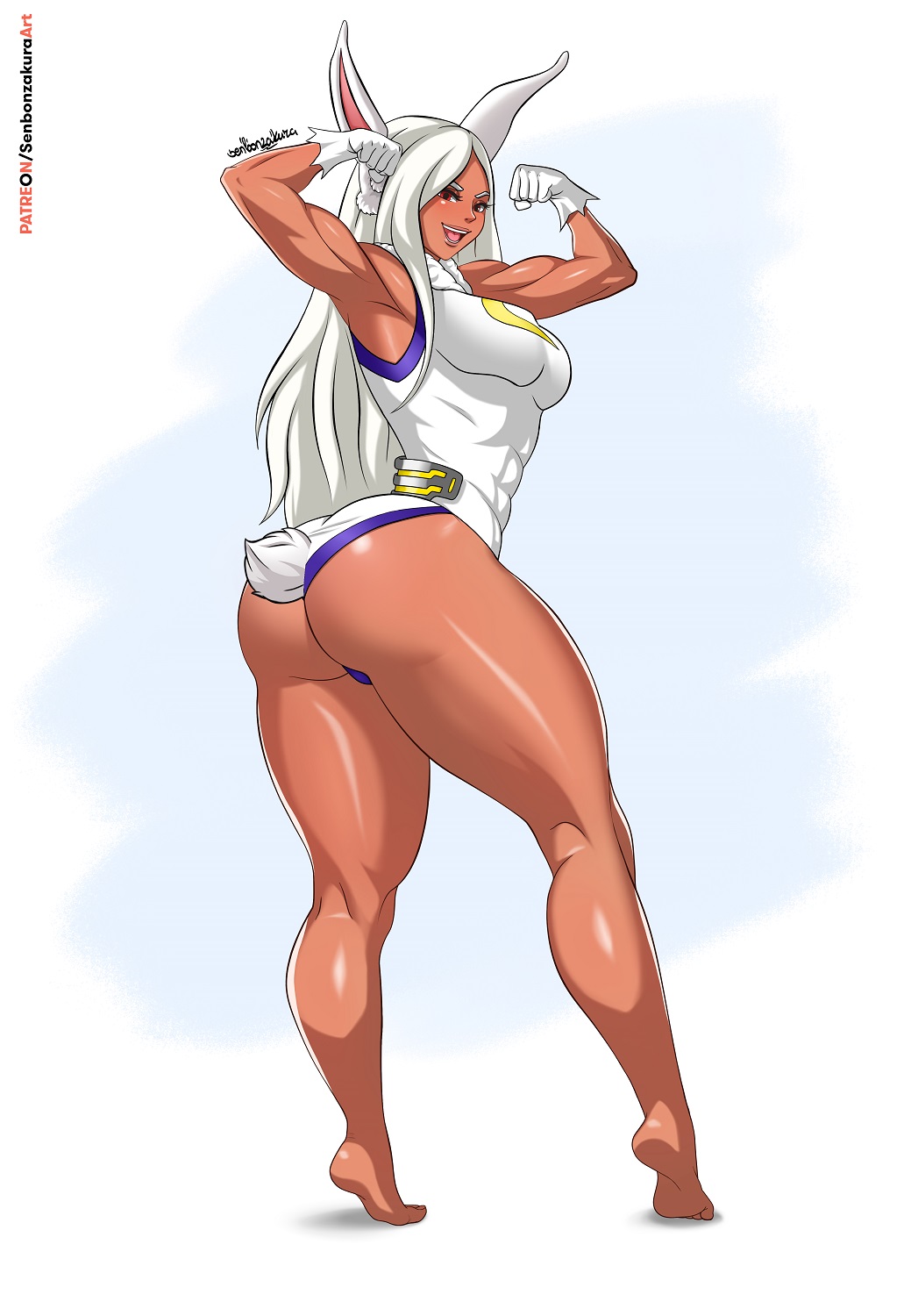 1girls, alluring, ass, ass focus, back, back view, background thighs thighs, bare legs, barefoot, big ass, big breasts, big butt, big thighs, blonde female, blonde hair, blonde-haired female, blush, breasts, butt focus, calves, costume, curvy, dark skin, dark-skinned female, enticing, feet, feet up, female, female focus, female only, fit, fit female, foot fetish, girl solo, gray hair, hero, hero outfit (mha), heroine, human, legs, lipstick, long hair, looking at viewer, looking back, milf, miruko, muscles, muscular, muscular arms, muscular female, muscular legs, muscular thighs, my hero academia, only girl, only woman, outfit, posing, posing for the viewer, posing for viewer, pussy, rabbit, rabbit ears, rabbit girl, rabbit tail, red eyes, rumi usagiyama, senbonzakuraart, solo, solo female, solo focus, solo girl, solo woman, standing, strong, strong female, teasing, thick hips, thick legs, thick thighs, thighhighs, thighs, tiptoes, voluptuous, voluptuous female, white hair, wide hips, woman only, woman solo