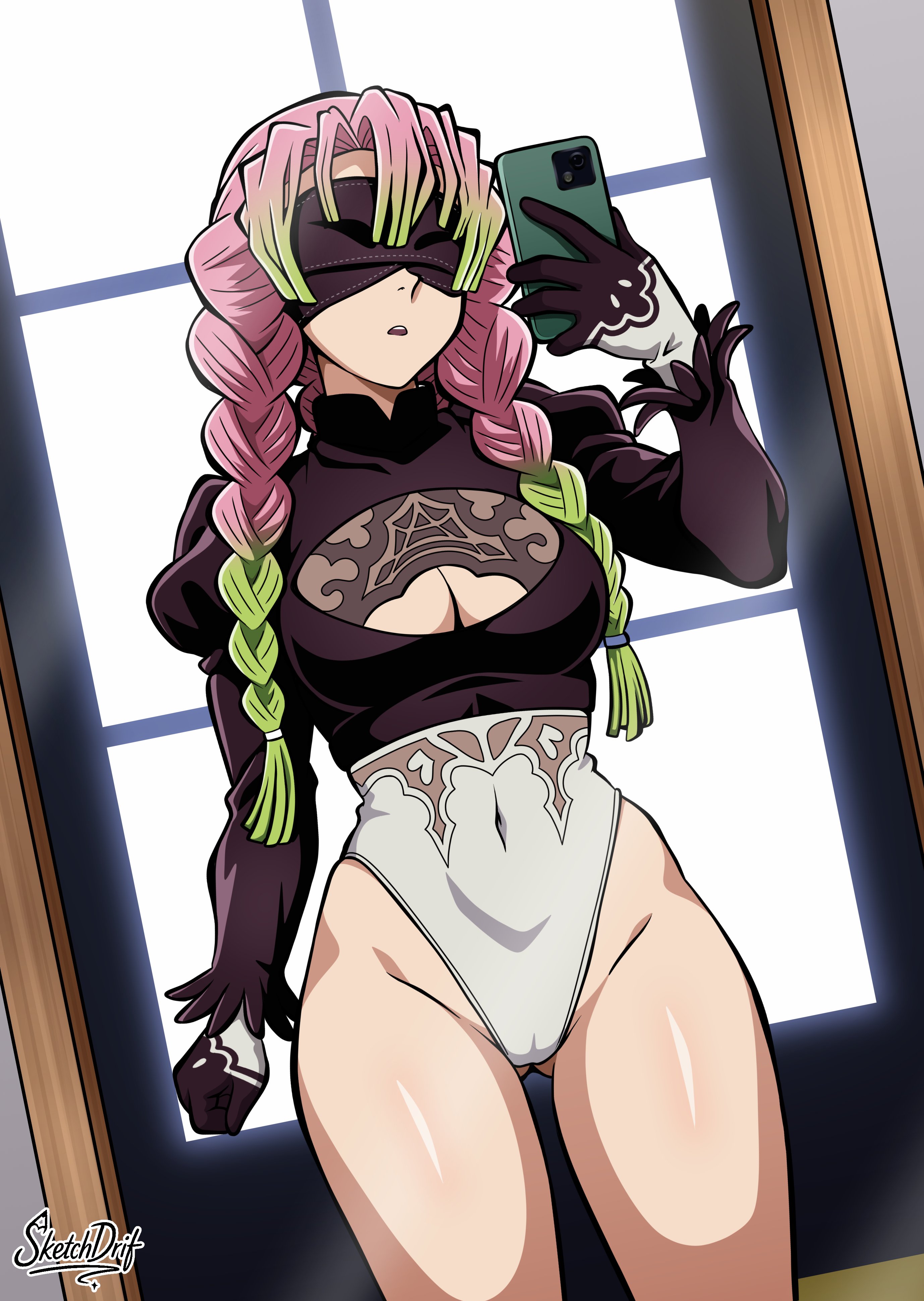 1girls, blindfold, breasts, cosplay, demon slayer, female, female only, green hair, kanroji mitsuri, kimetsu no yaiba, multicolored hair, nier, nier (series), nier: automata, phone, pink hair, pink-haired female, selfie, sketchdrif, yorha 2b (cosplay)