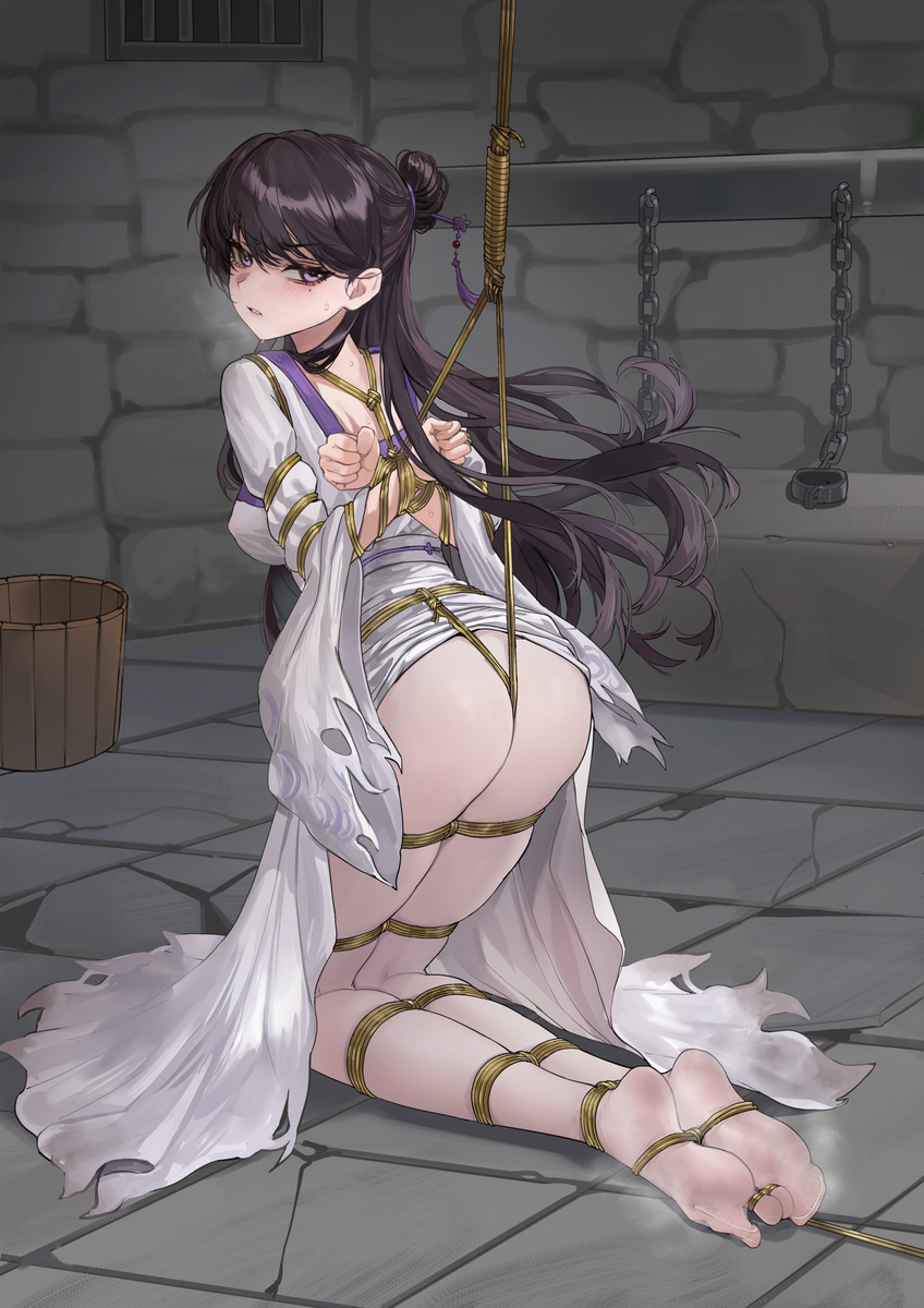 angry, arms behind back, bang dream!, bondage, bound arms, bound feet, bound legs, bound toes, bound wrists, cell, chuck (harfmoondark), crotch rope, feet, female, indoors, kneeling, long hair, mygo!!!!! (bang dream!), predicament bondage, prison, purple eyes, purple hair, restrained, rope, rope bondage, shibari, shibari over clothes, shiina taki, socks, soles, stockings, stone floor, suspension, sweat, sweatdrop, tagme, thighhighs, tied arms, tied legs, toes, toes tied