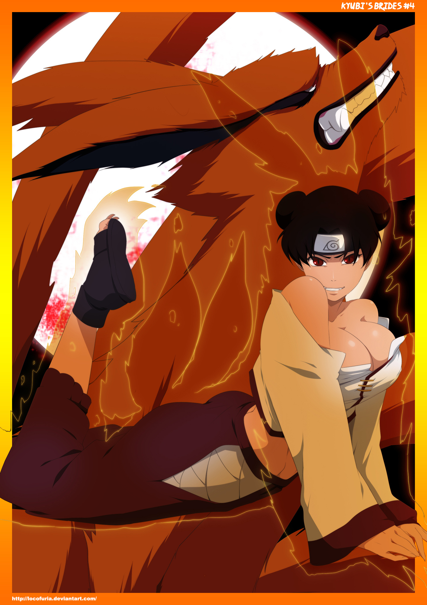 1animal, 1girls, alternate eye color, arched back, asian clothing, asian female, ass, aura, bare shoulders, big ass, big breasts, big butt, breasts, brown hair, busty, chakra, chinese clothes, cleavage, clothed, clothing, feet up, female, female focus, female only, full body, fully clothed, genderswap, genderswap (otf), grin, hair bun, hair buns, hi res, highres, jinchuriki, konohagakure symbol, kunoichi, kurama, large ass, large breasts, light skin, light-skinned female, locofuria, lying on stomach, naruto, naruto (series), naruto shippuden, naughty face, nine tailed fox, ninja, no bra, orange fur, pants, perky breasts, pinup, pose, posing, possessed, possession, red eyes, sexy pose, short hair, shounen jump, smirk, solo, solo female, tailed beast, tenten, tied hair, tight clothing, voluptuous