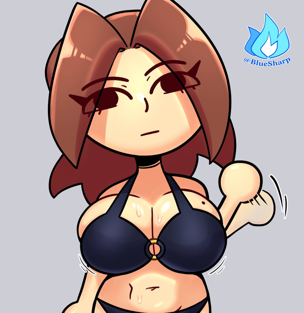 1girls, big breasts, bikini, black bikini, bluesharp, breasts, brown hair, circle hands, clothed, color, female, female only, fully clothed, grey background, light skin, light-skinned female, looking at viewer, mii, mii gunner, mii gunner (smash 4), mob face, mole on breast, motion lines, nintendo, no sex, shaded, shiny skin, simple background, skindentation, solid color background, super smash bros., super smash bros. for nintendo 3ds and wii u, sweat, sweating, sweaty breasts, watermark, waving at viewer